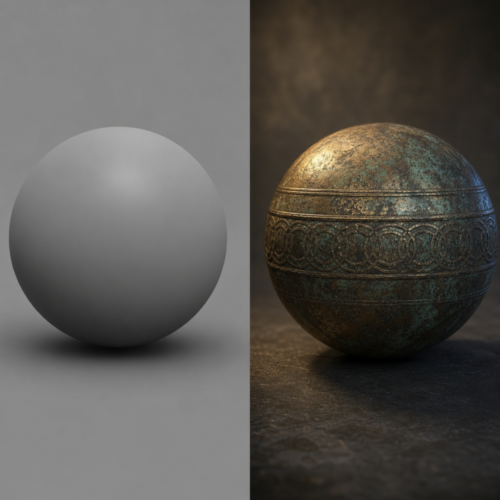 A side-by-side comparison of a plain grey 3D sphere and a highly detailed, AI-textured weathered bronze sphere with complex lighting