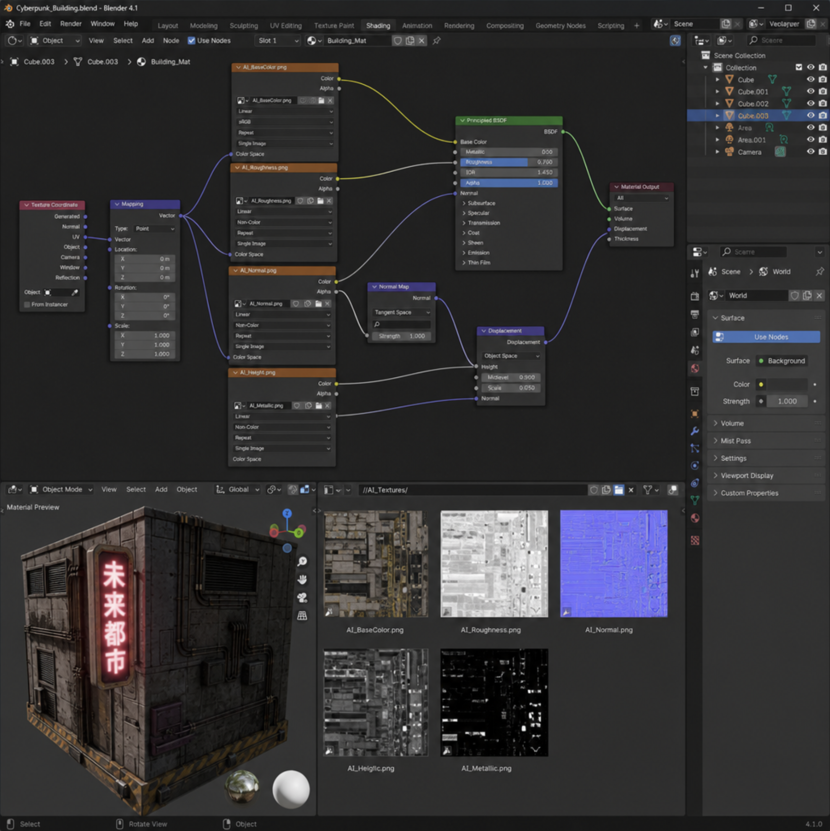 A screenshot of Blender 3D software interface showing a complex shader node setup connected to AI-generated texture maps