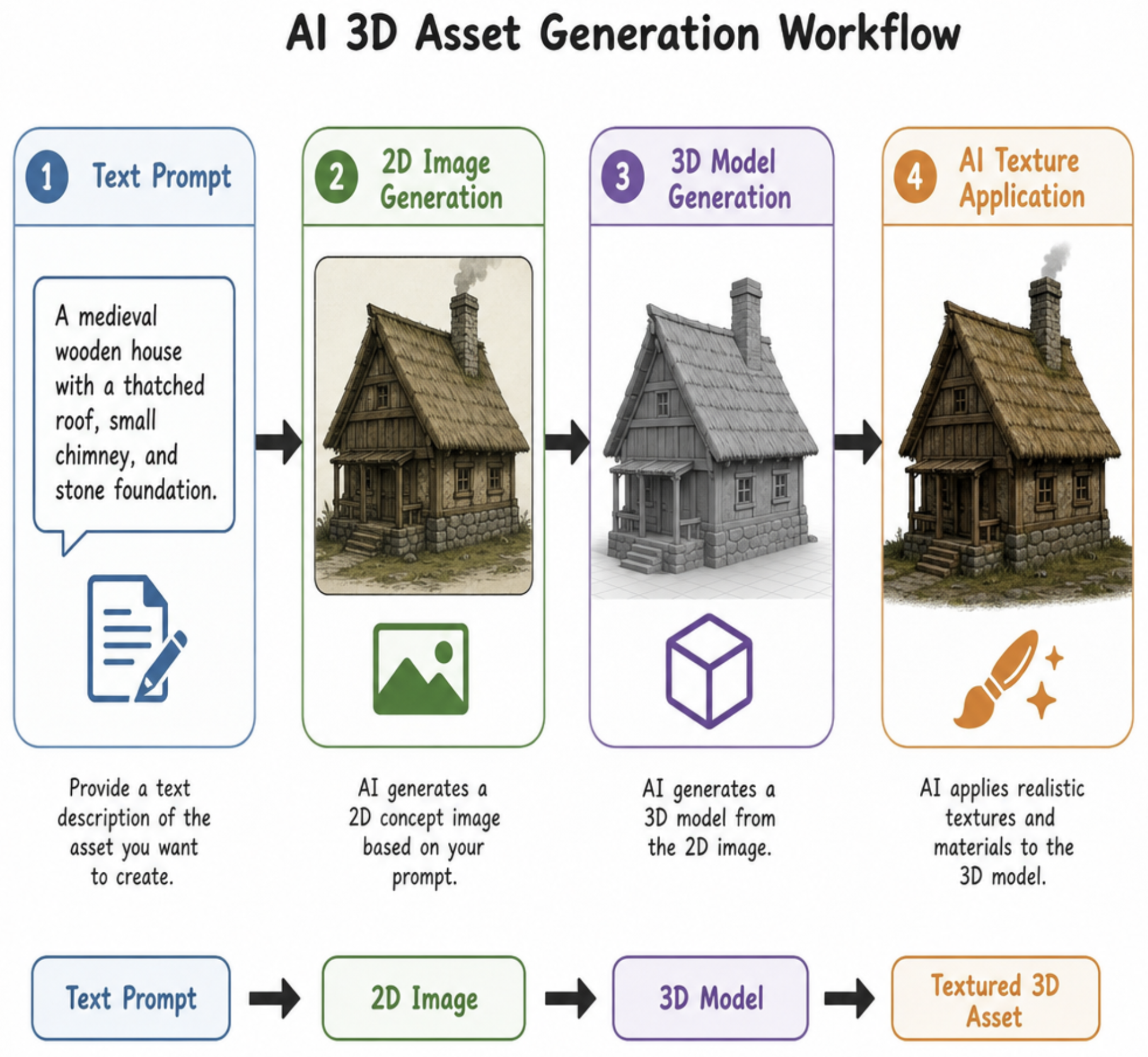 A workflow chart showing the process from text prompt to 2D image, to 3D model generation, and finally AI texture application