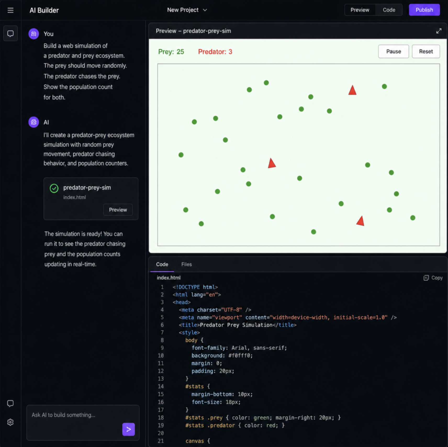 A developer using an AI interface to build a web simulation in English