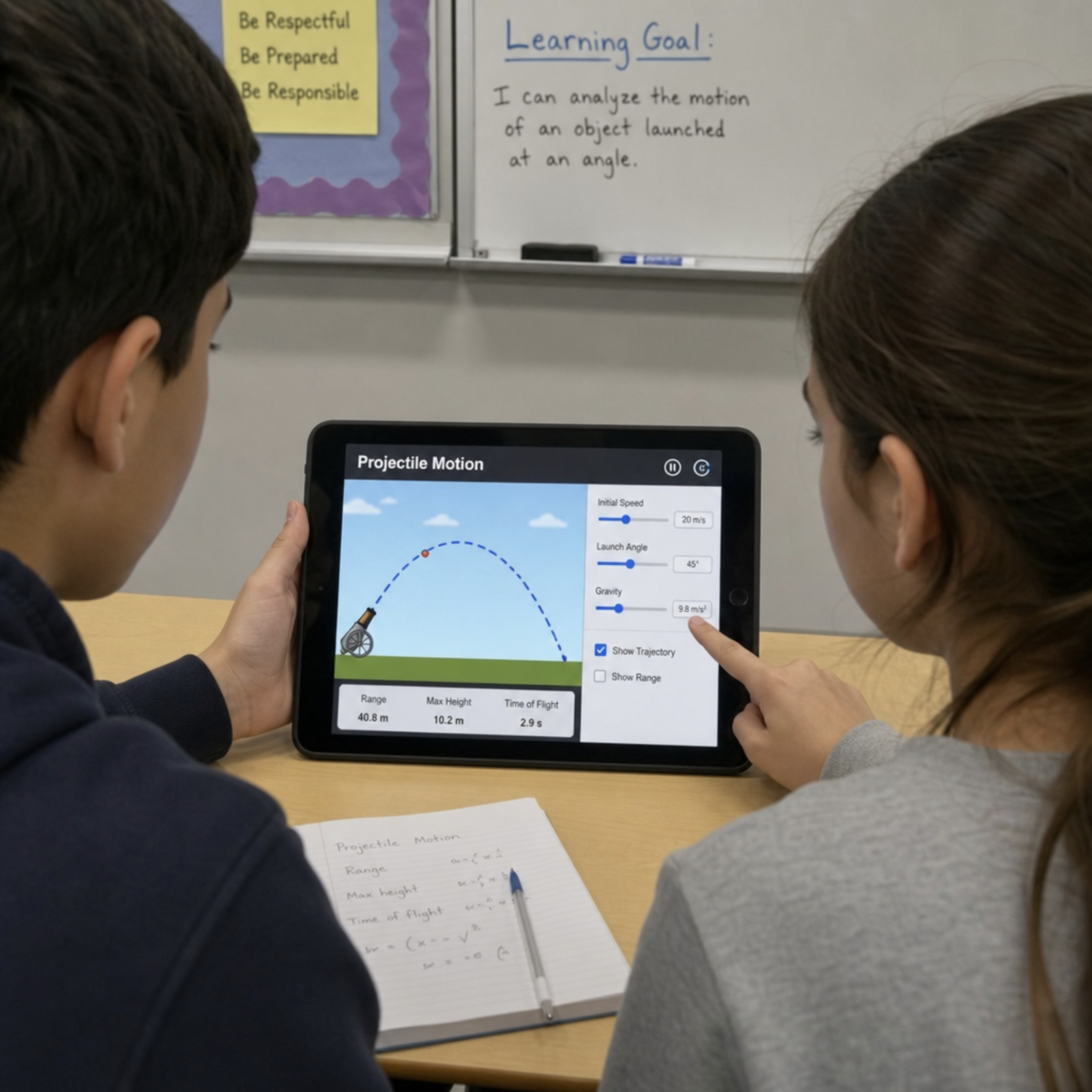 Students interacting with a physics web-based simulation on a tablet in English