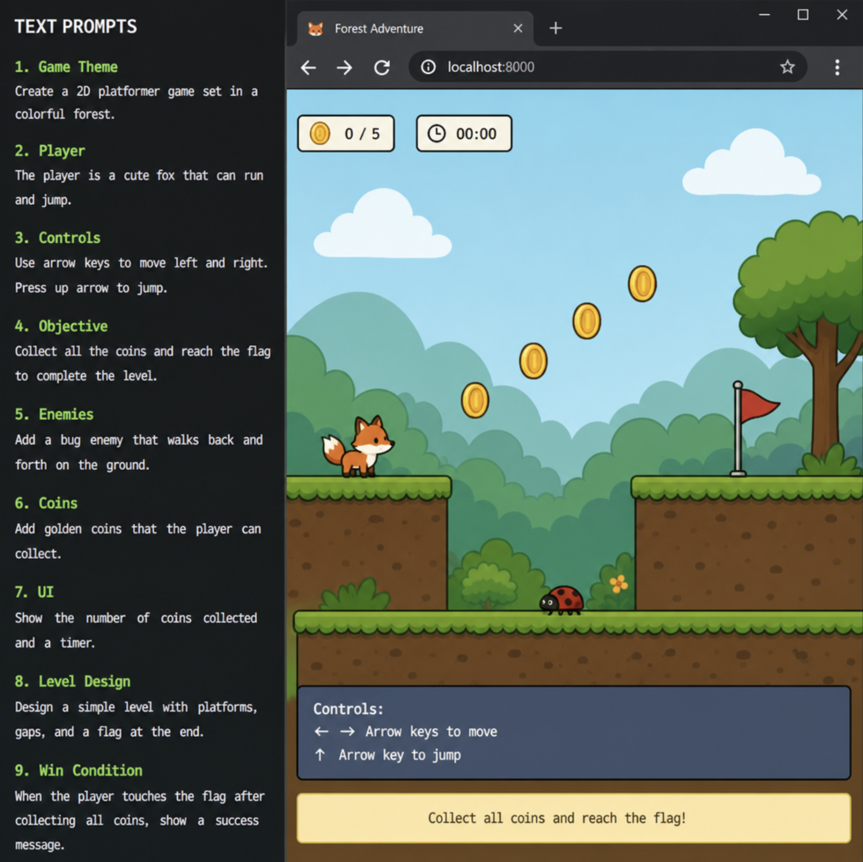 A side-by-side view of text prompts and an interactive browser game in English