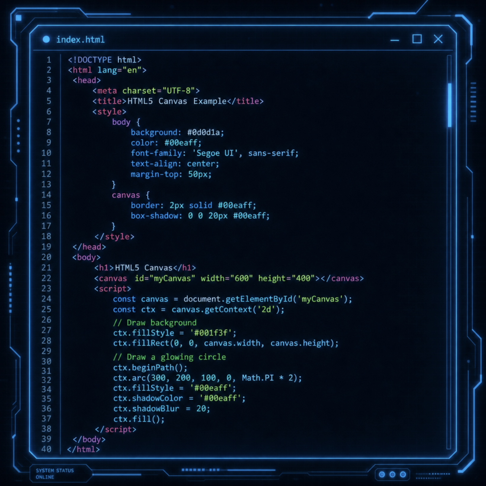 A futuristic glowing computer screen displaying HTML5 canvas code in English