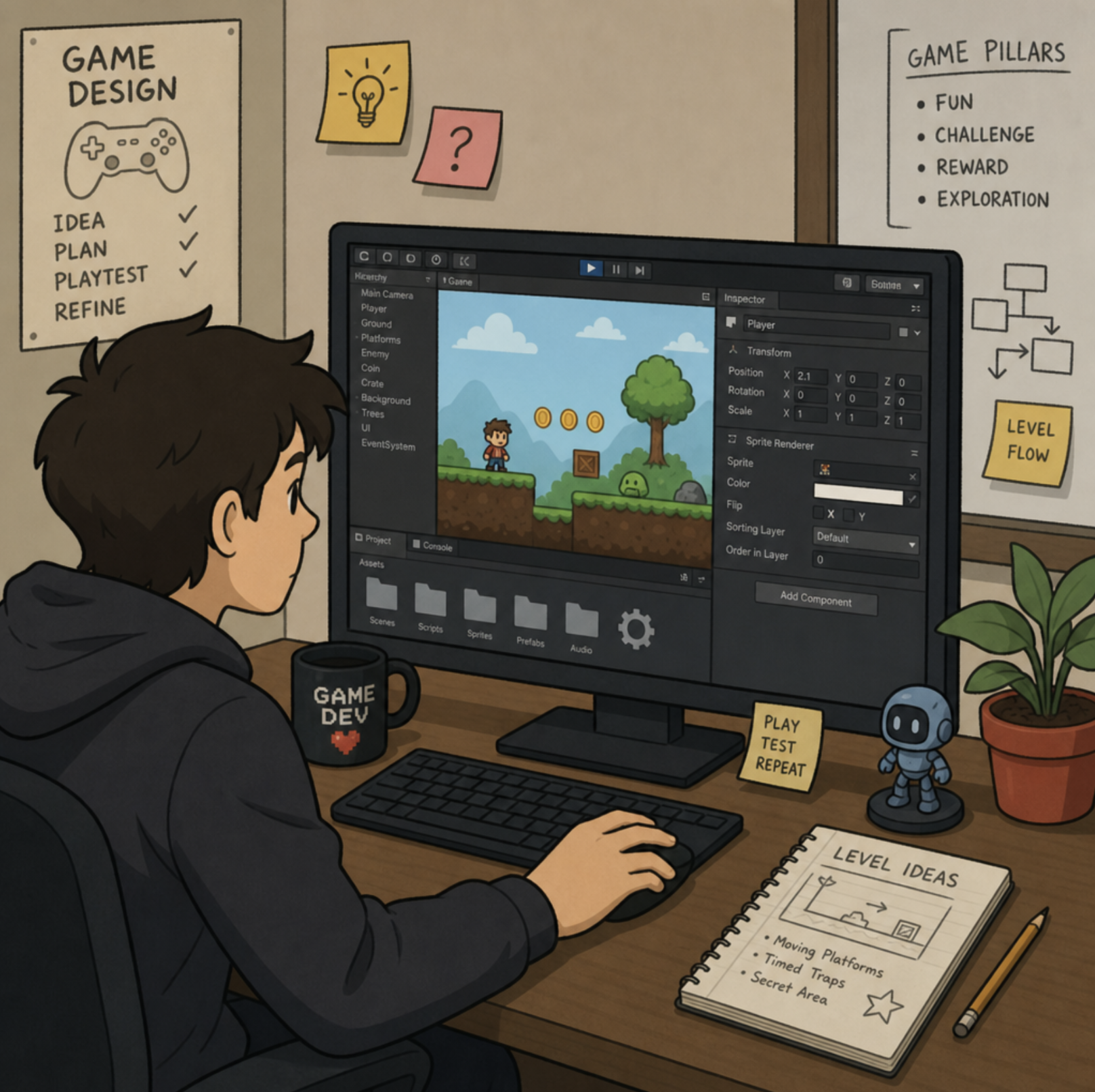 Illustration of a game designer working with software
