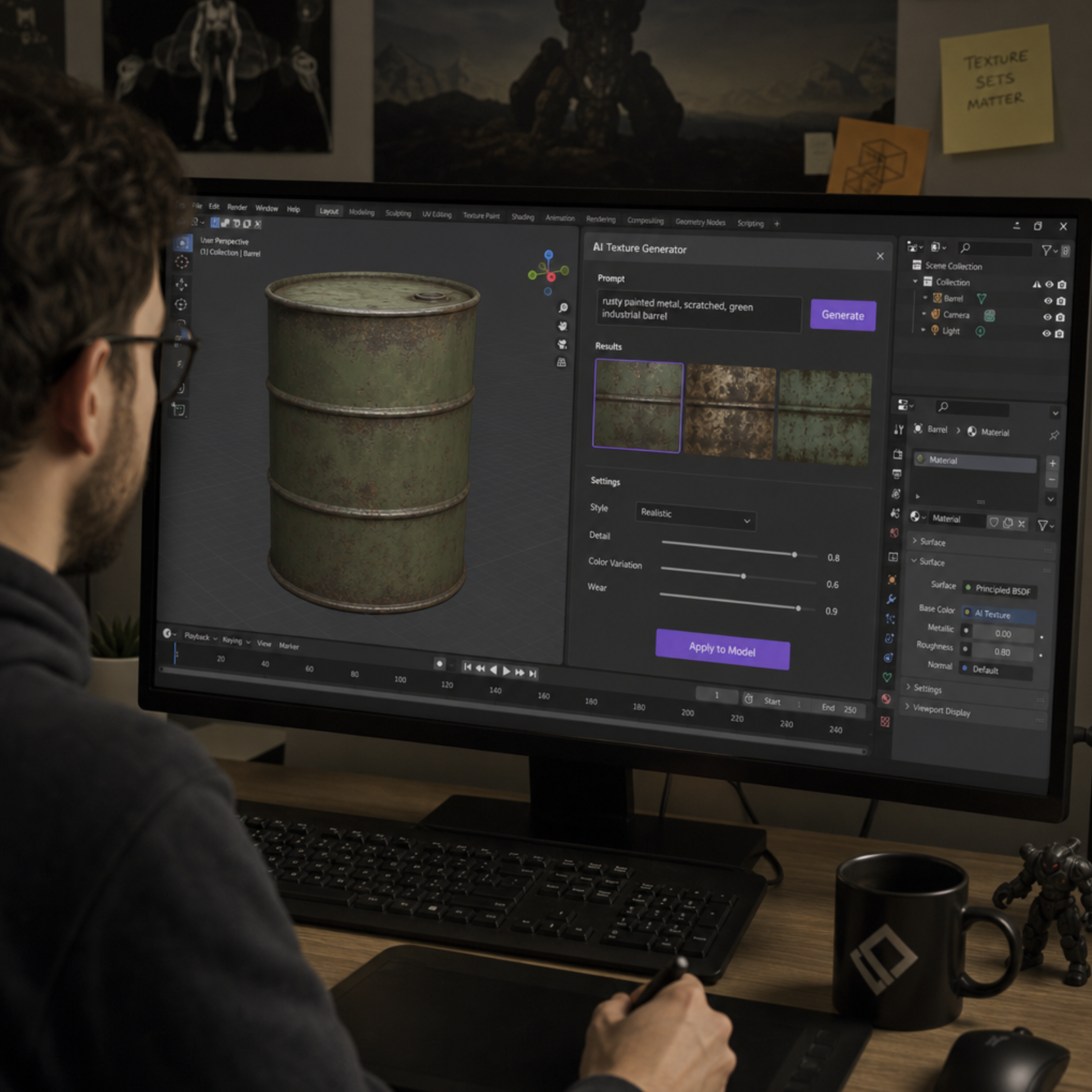 An artist working on a 3D model with an AI texture generator interface