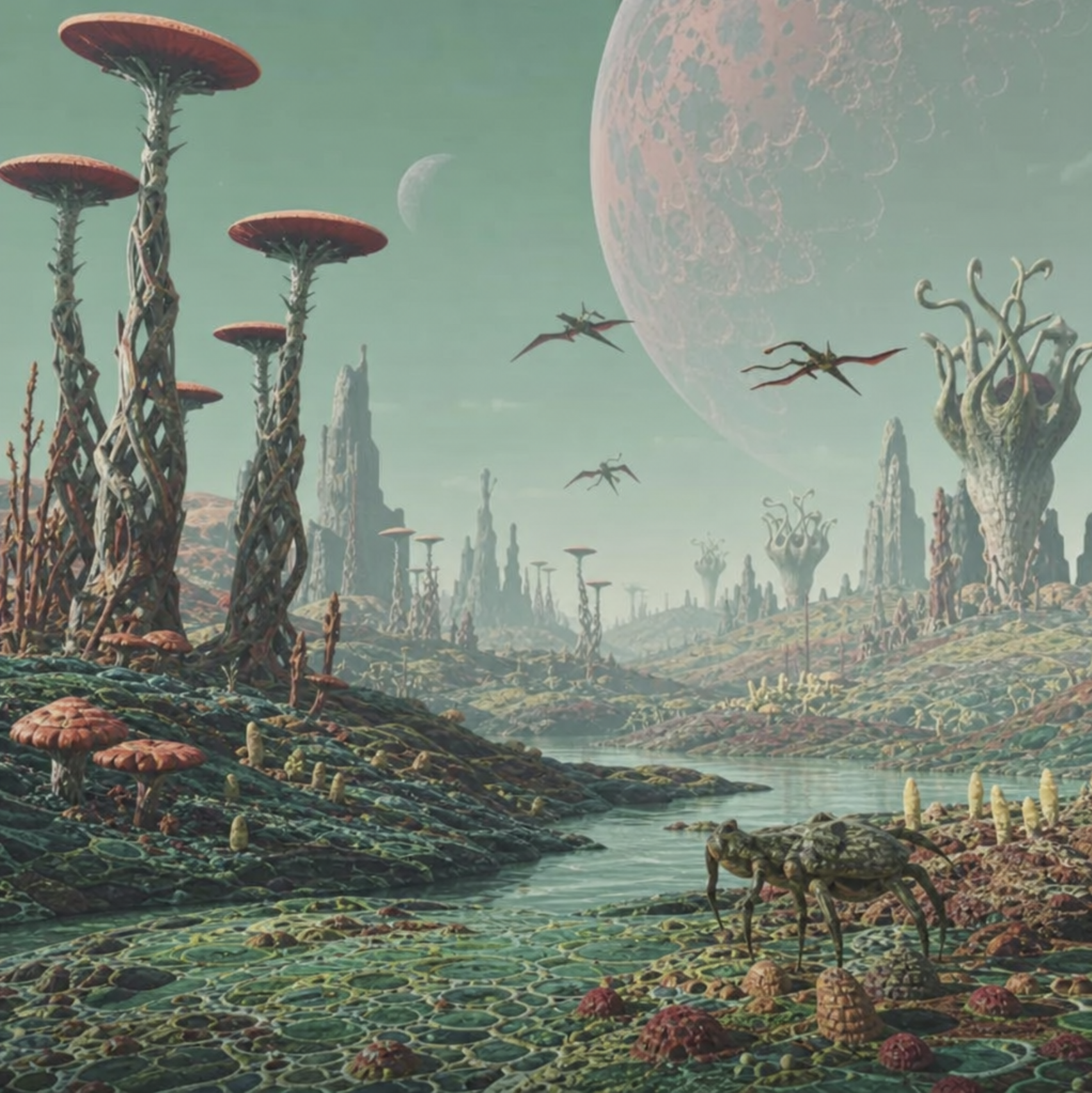 A breathtaking, procedurally generated sci-fi landscape featuring unique alien flora and fauna