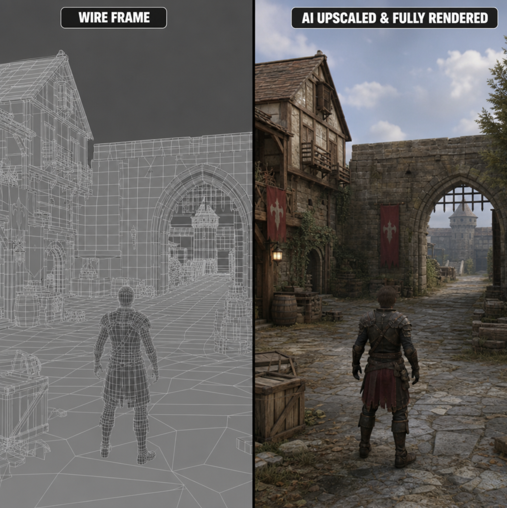A split-screen comparison showing a wireframe environment transforming into a fully rendered, AI-upscaled video game scene
