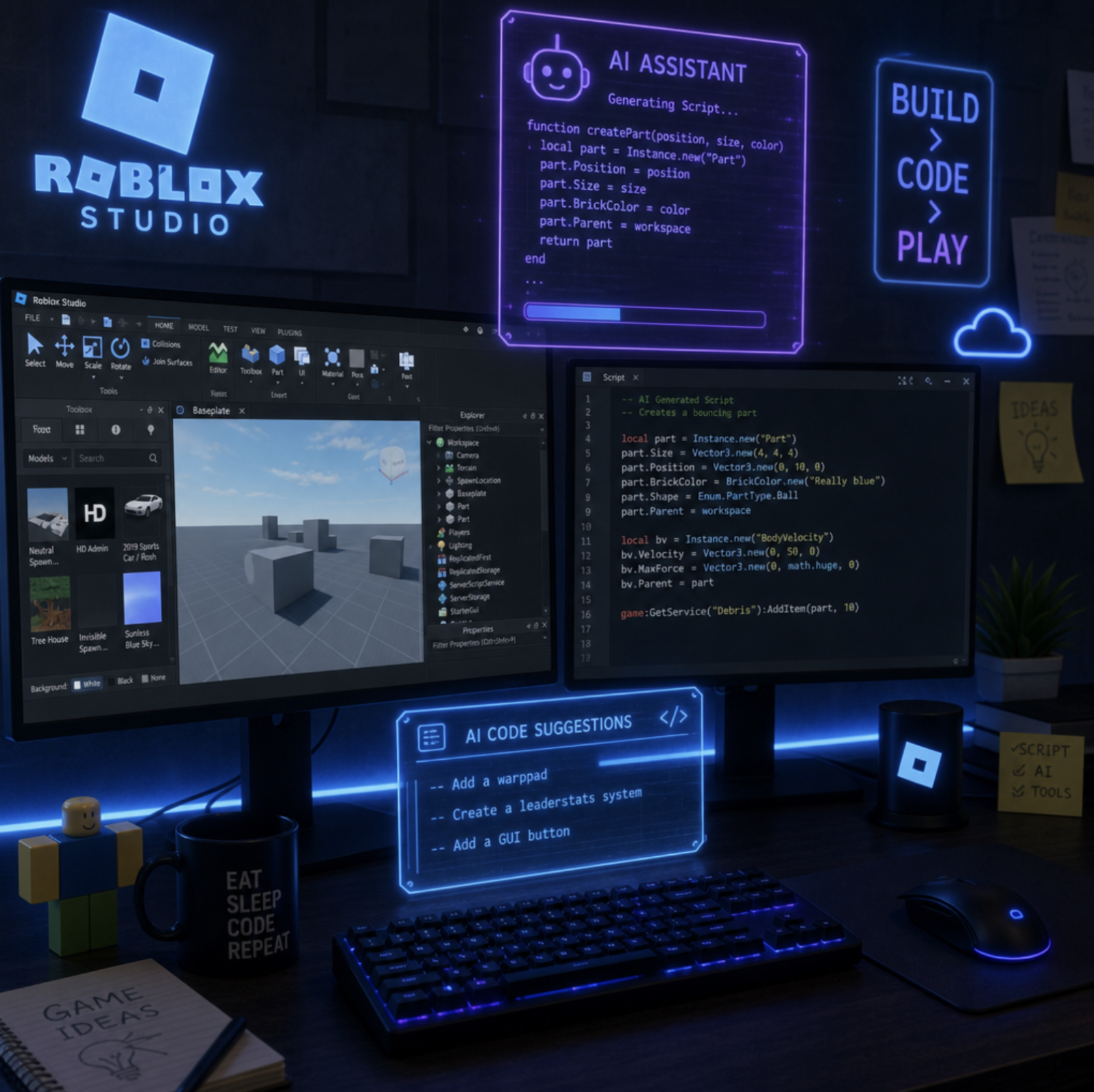A futuristic developer workspace showing a dual-monitor setup with Roblox Studio and glowing AI code holograms