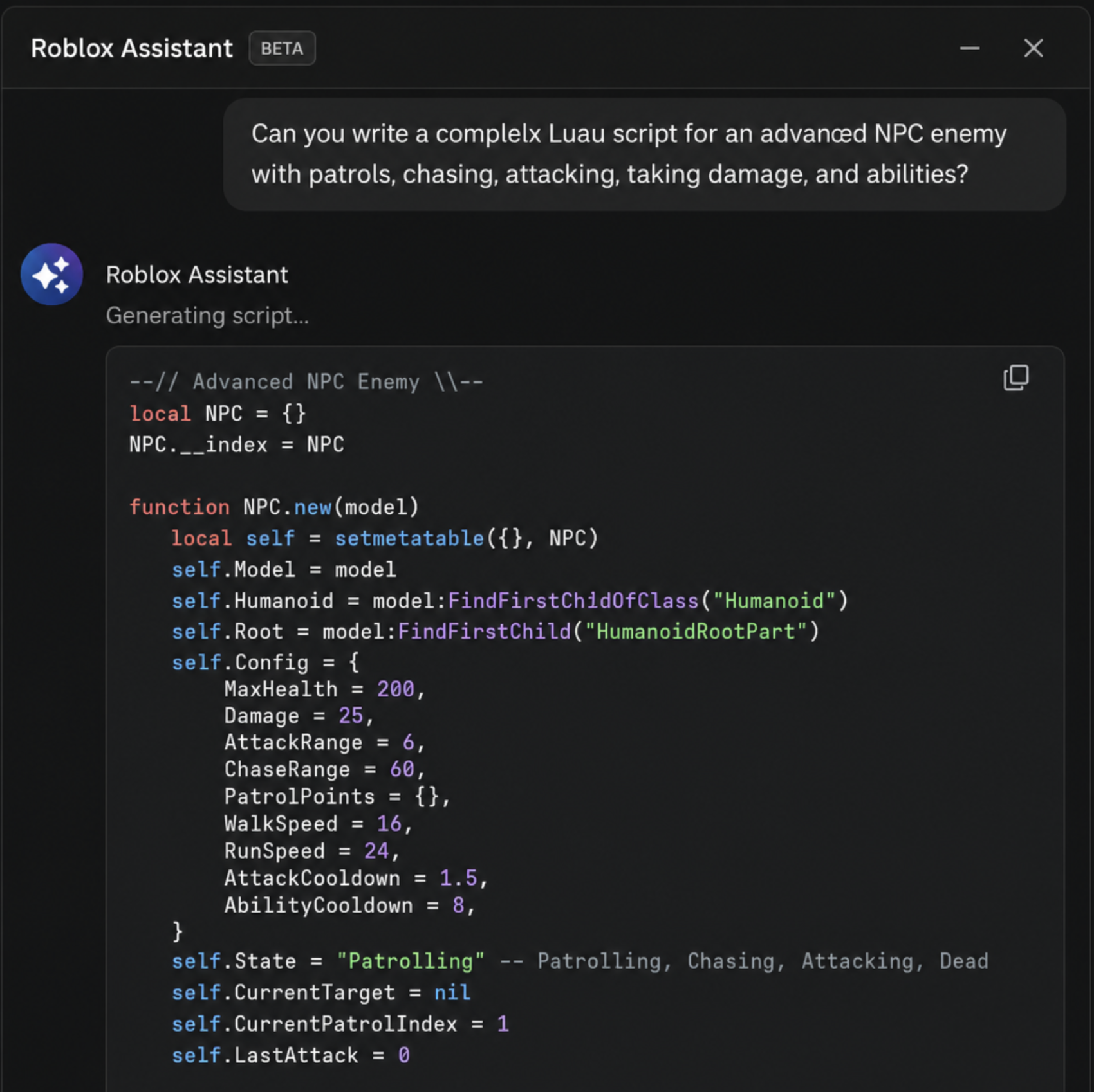 A close up of the Roblox Assistant chat window generating a complex Luau script