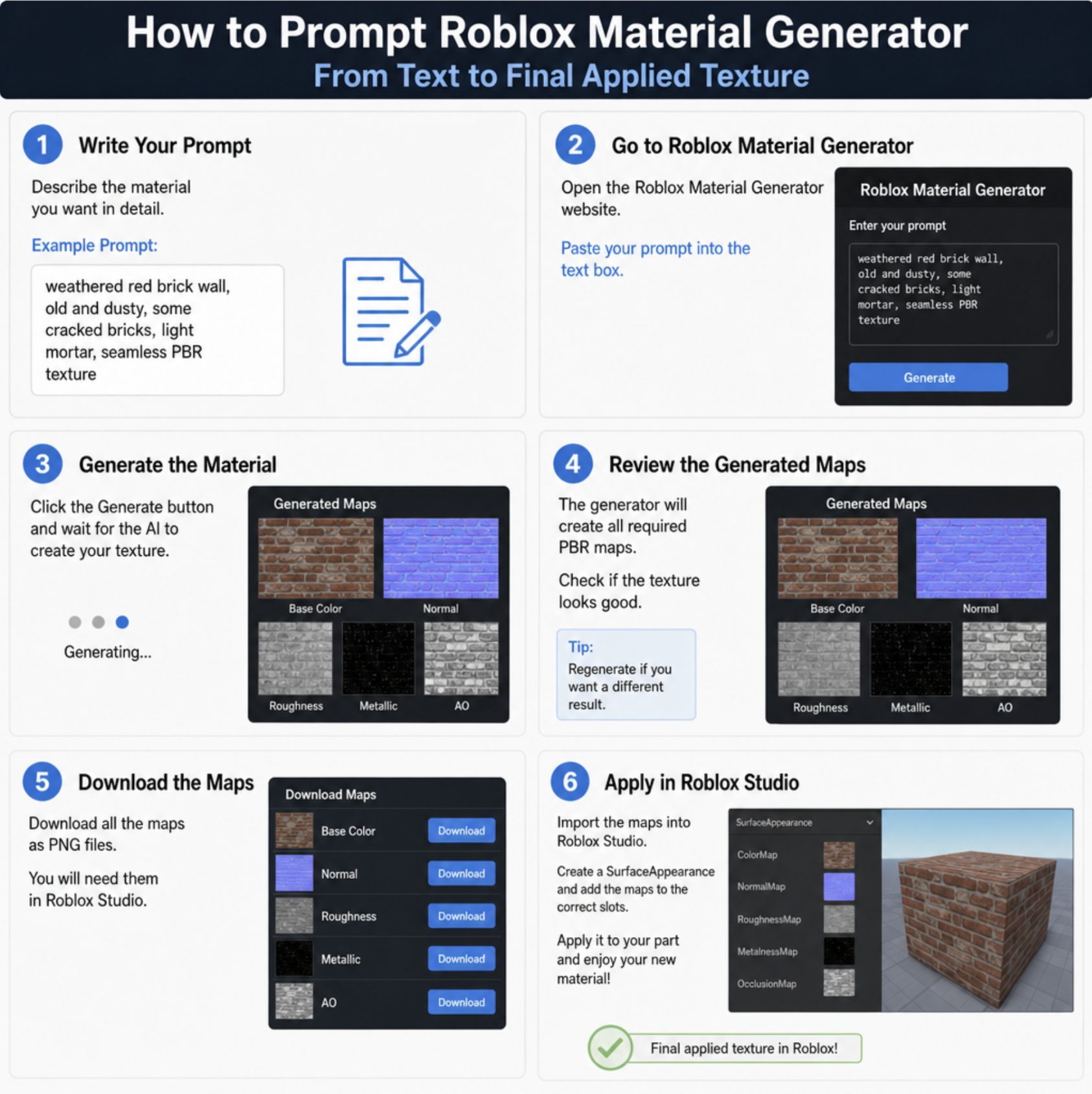 A step-by-step infographic showing how to prompt the Roblox Material Generator from text to final applied texture