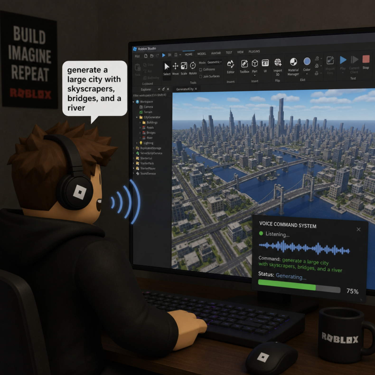 A conceptual rendering of a Roblox developer using voice commands to generate a sprawling 3D city landscape in real-time