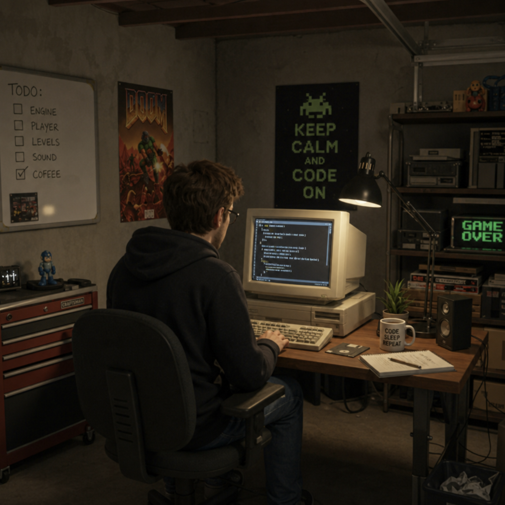 A cozy virtual garage office with a solo developer working on a retro computer