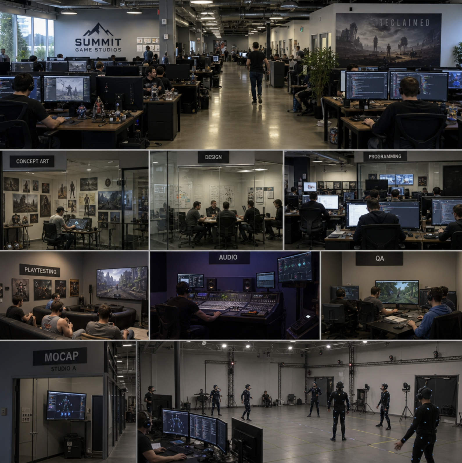 A sprawling modern game studio with multiple departments and motion capture rooms