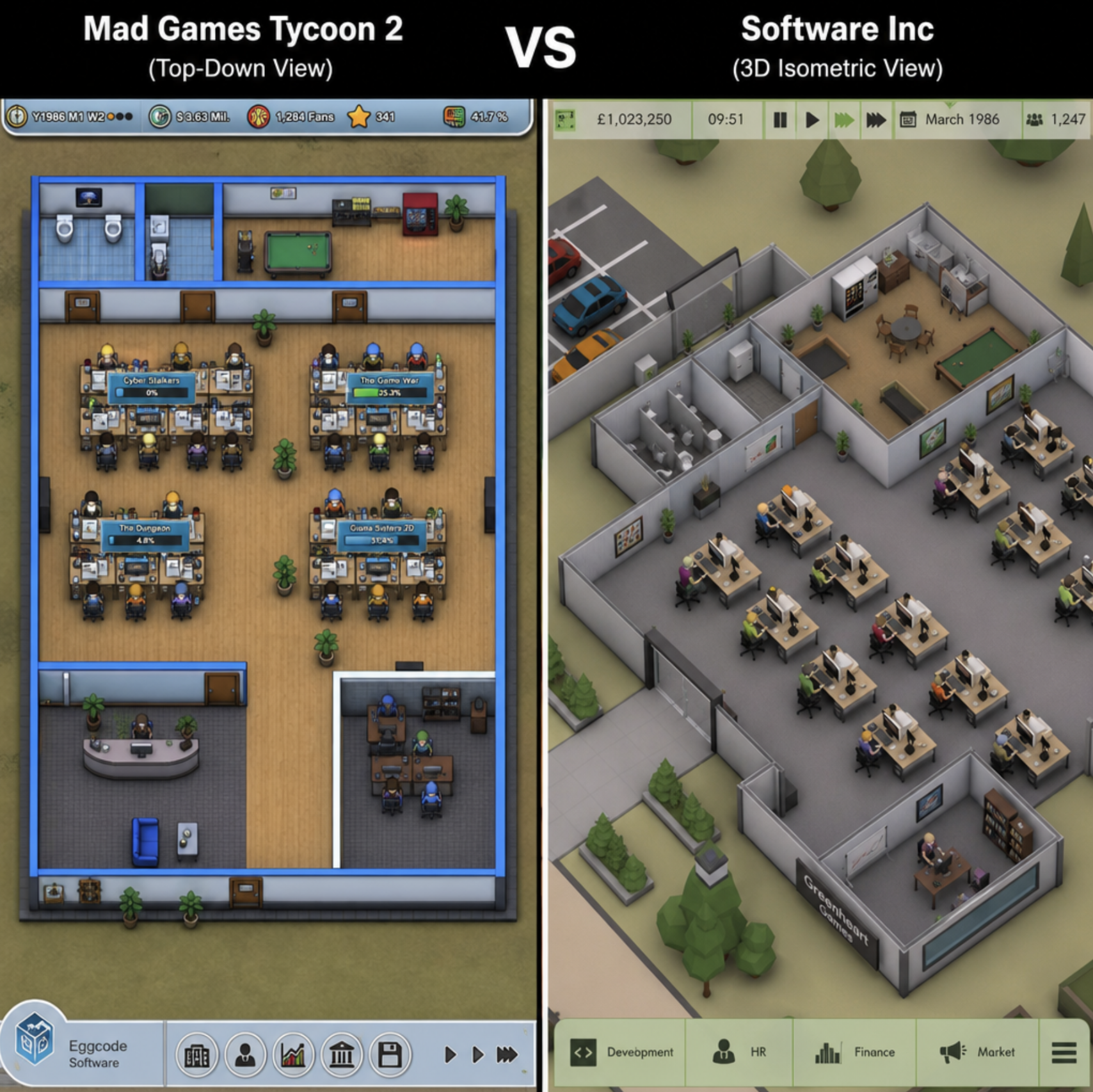 A comparison split screen showing the top-down view of Mad Games Tycoon 2 and the 3D isometric view of Software Inc