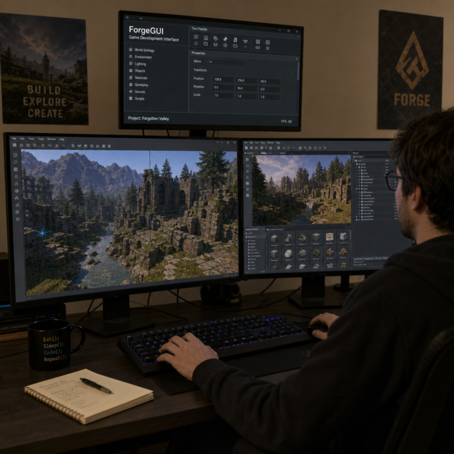 A developer using ForgeGUI on a multi-monitor setup to create dynamic game environments