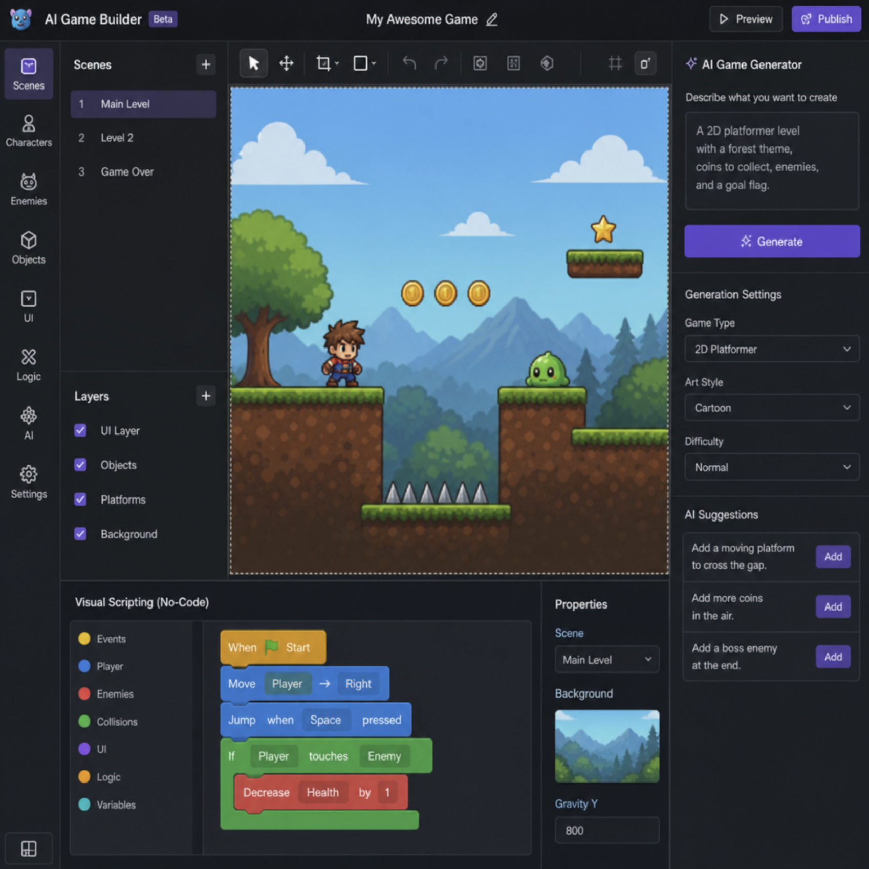 Screenshot showing the intuitive user interface of a no-code AI game generator