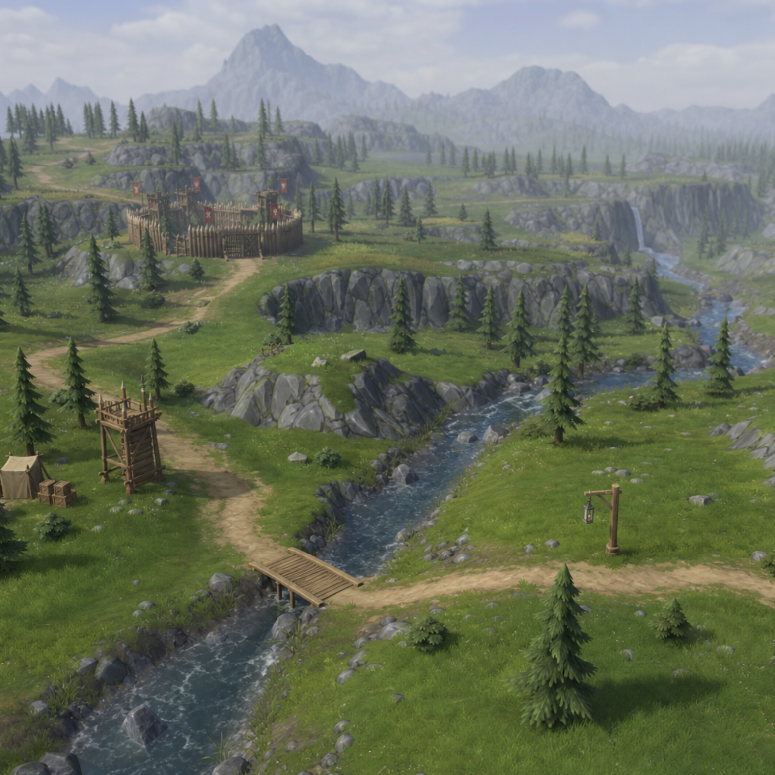 3D terrain and assets generated using procedural content generation techniques in a game engine