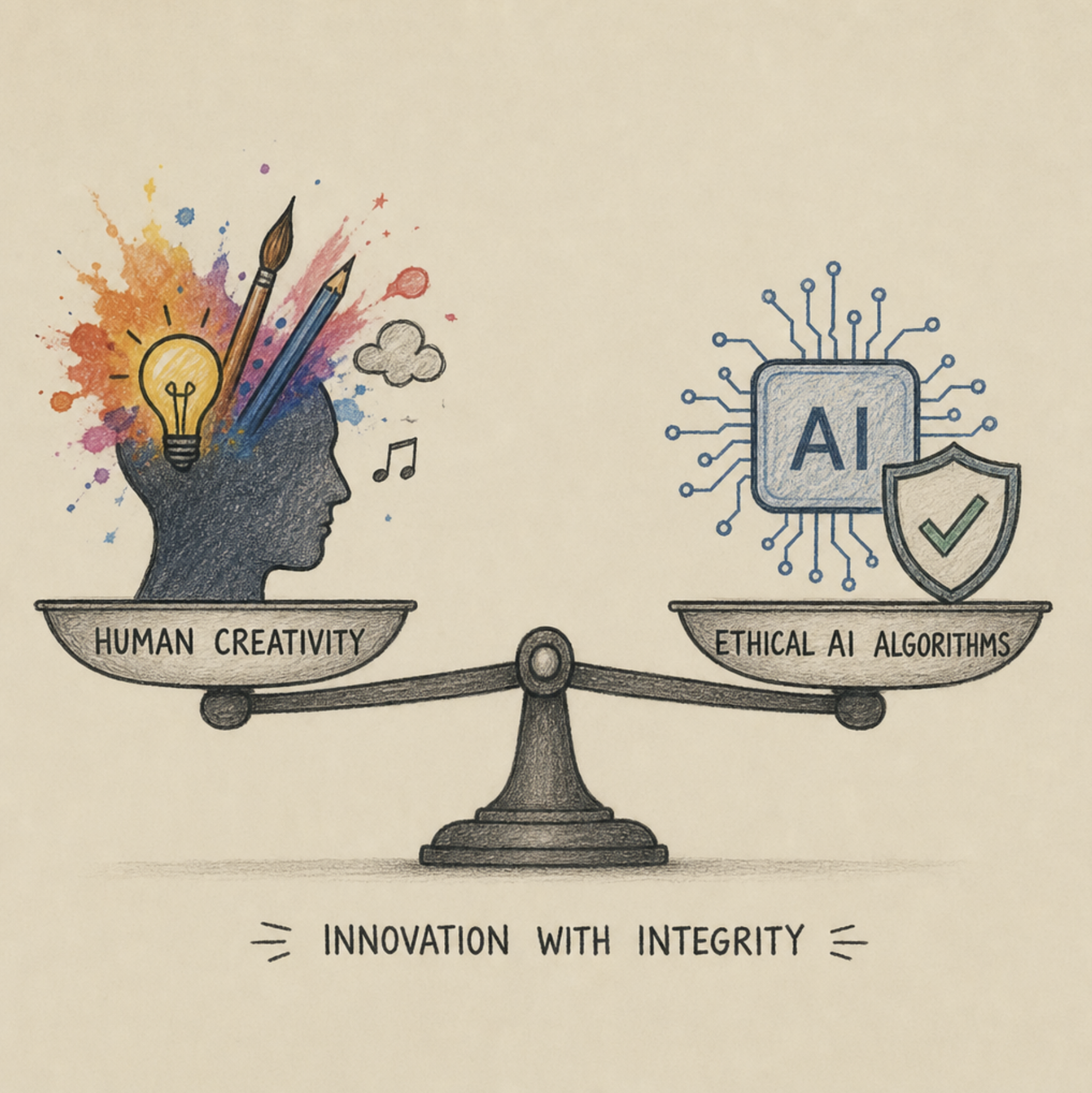 A conceptual image representing the balance between human creativity and ethical AI algorithms