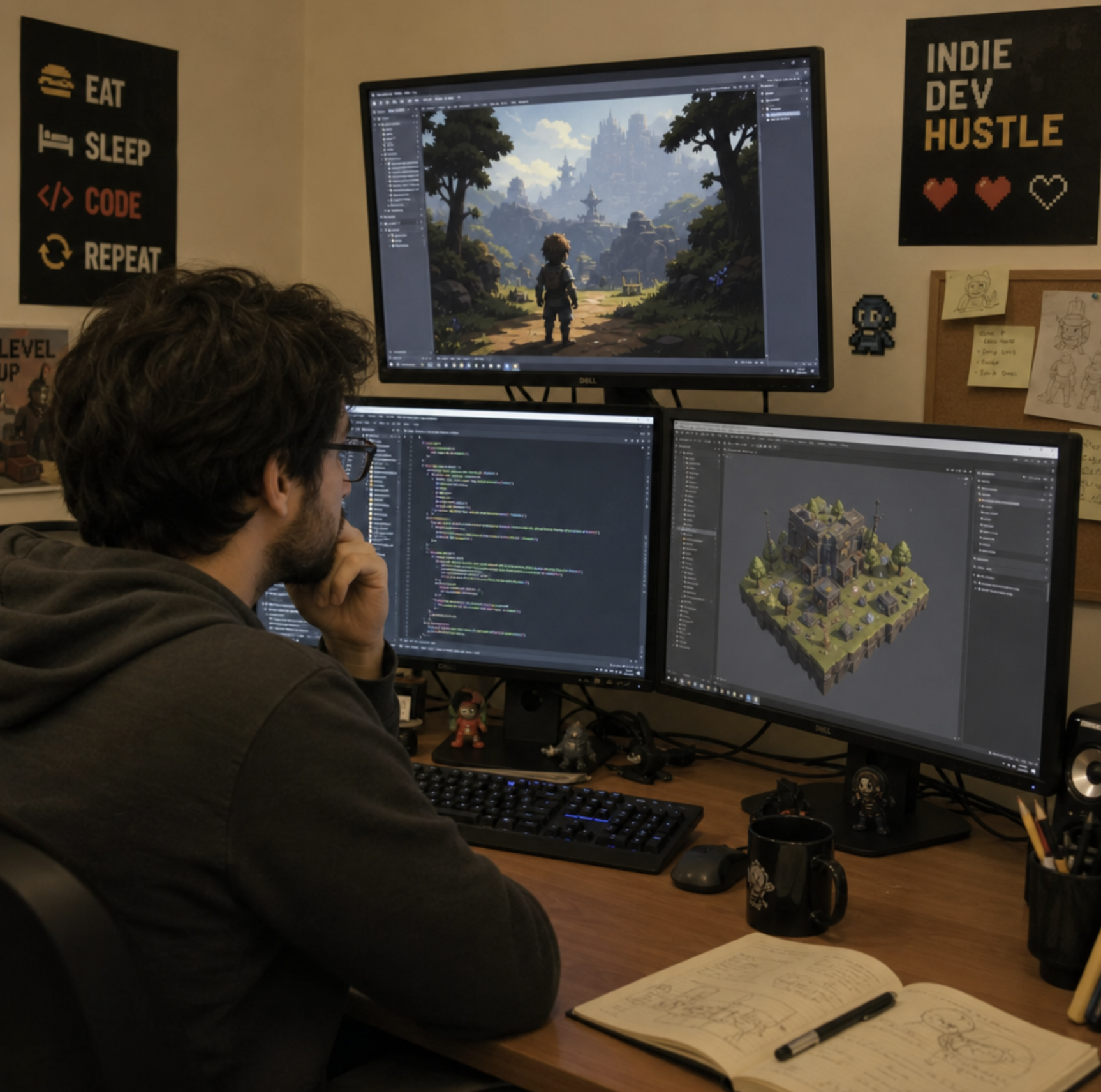 A game developer sitting thoughtfully at a desk with multiple monitors displaying game art and code