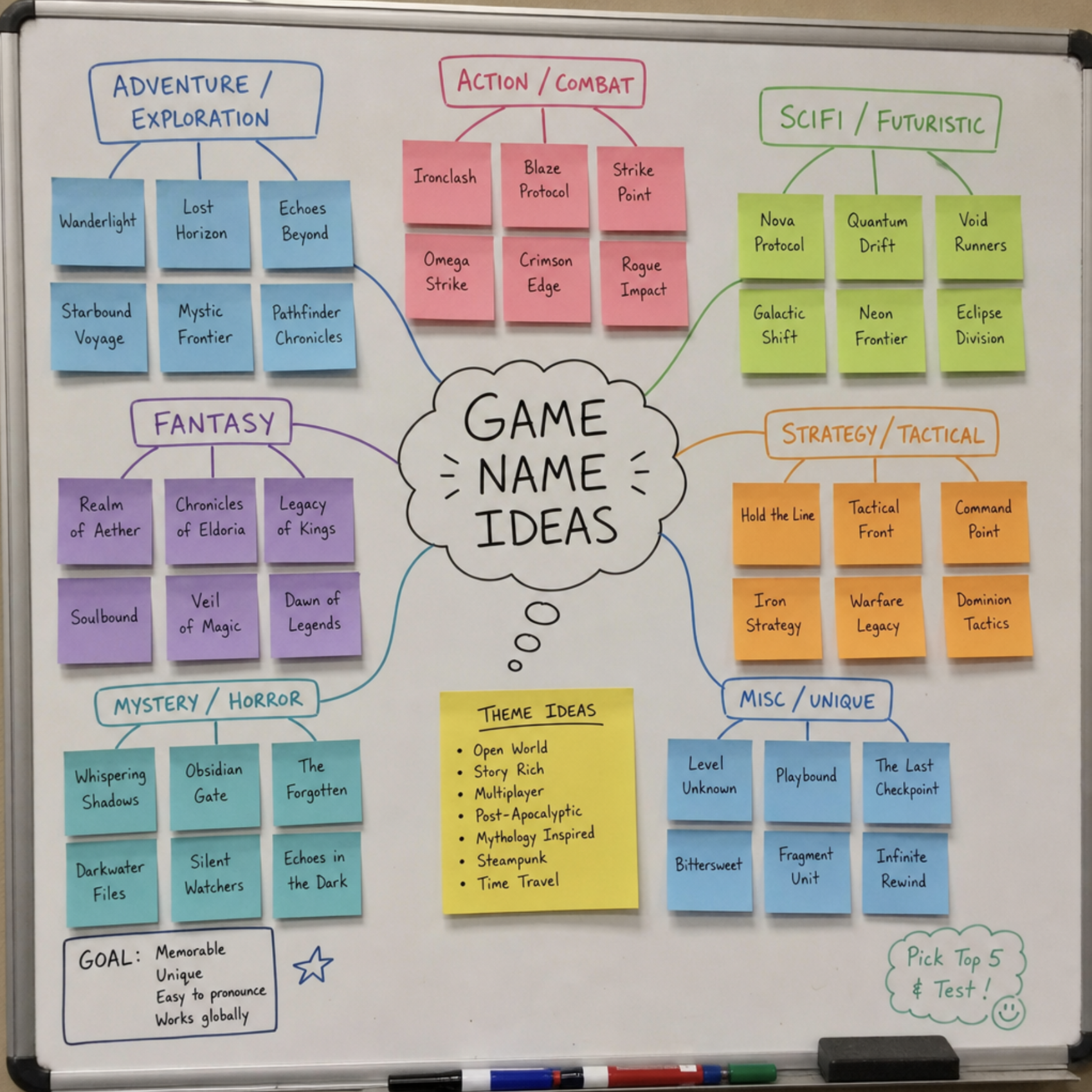 A whiteboard covered in colorful sticky notes and mind maps detailing different game name ideas