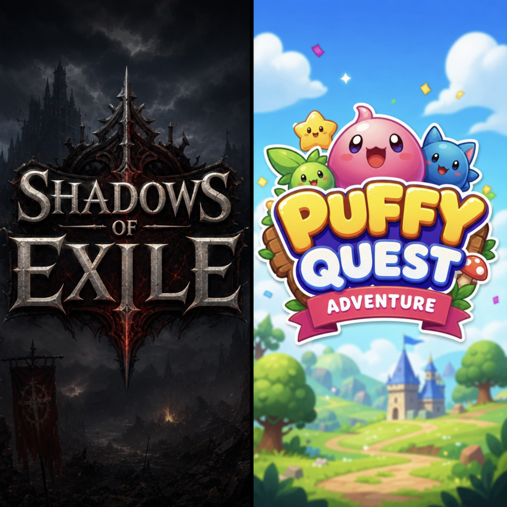 A split-screen graphic showing a dark, epic RPG logo on one side and a bright, colorful mobile game logo on the other