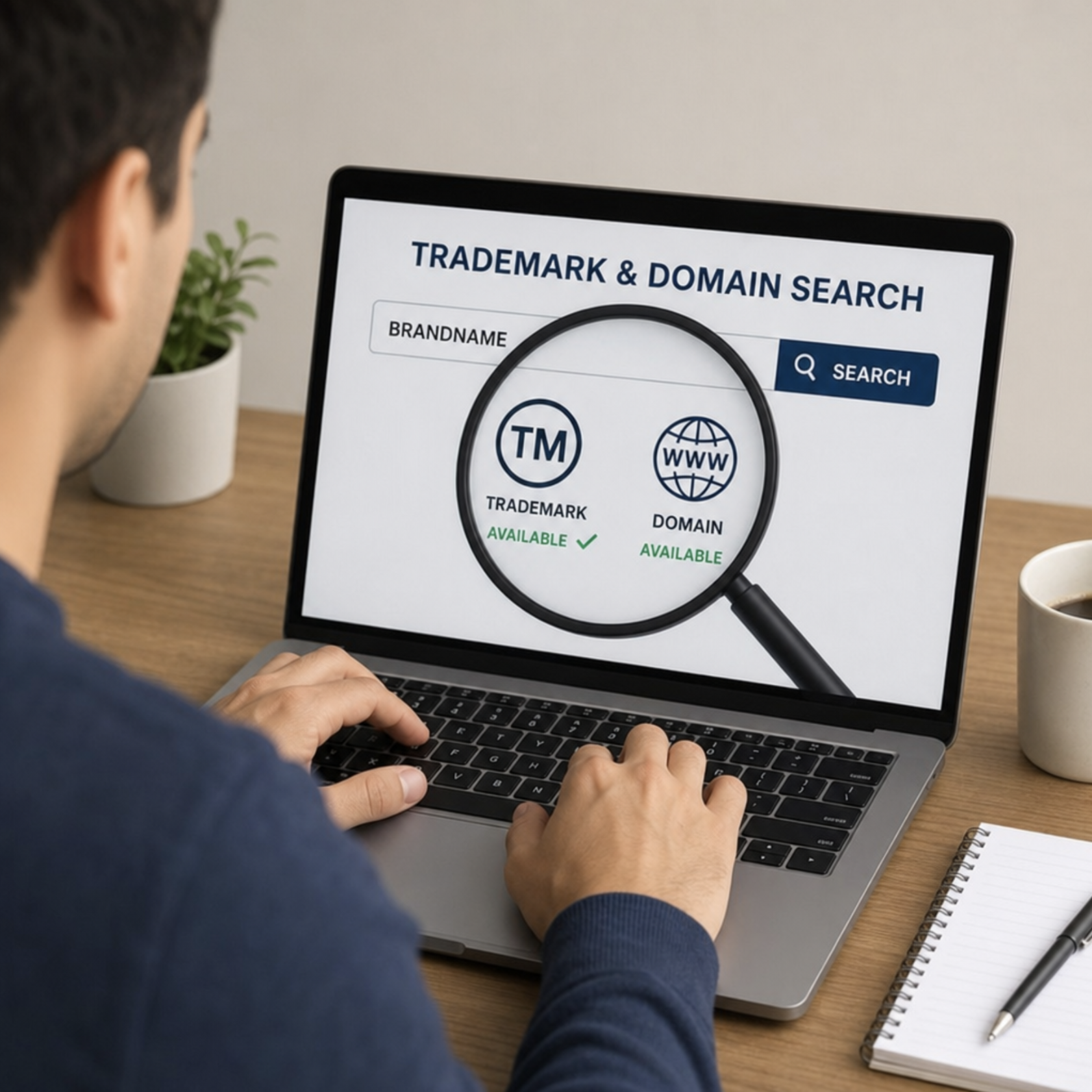 A person typing on a laptop with a magnifying glass graphic over the screen, symbolizing a trademark and domain search