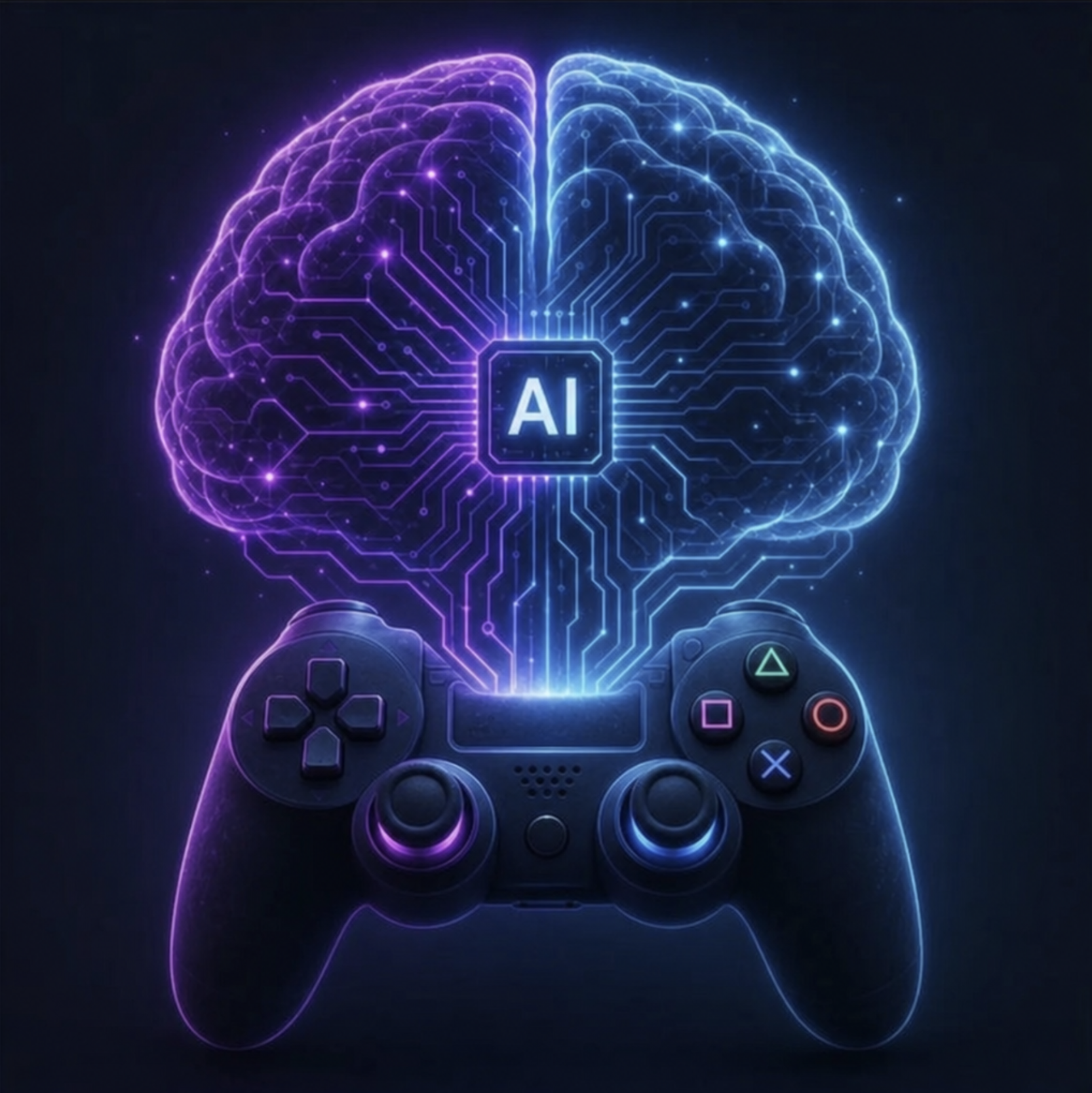Futuristic concept of a glowing artificial intelligence brain merging with a gaming controller