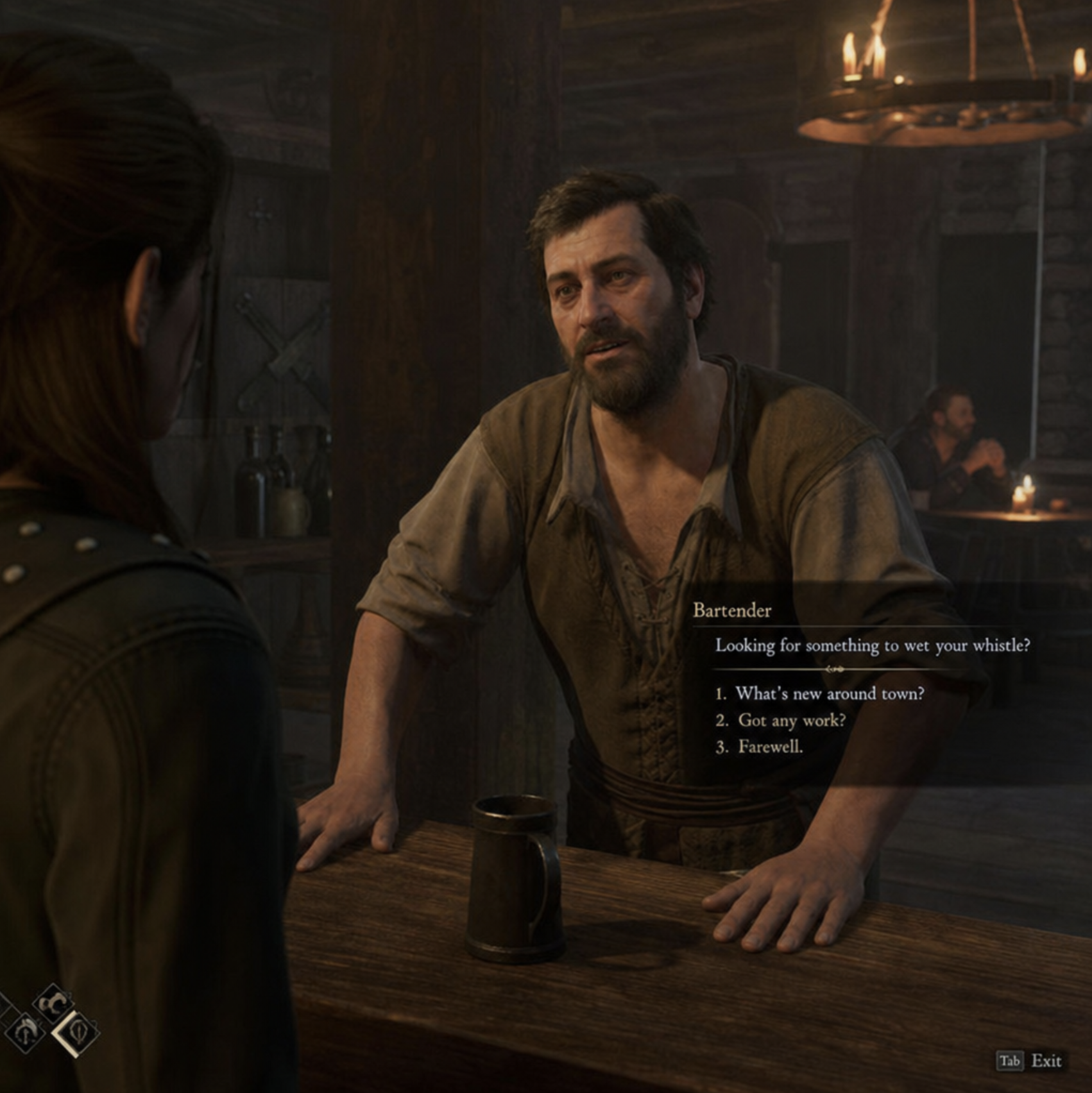A digital rendering of a highly realistic non-player character interacting with a human player in a virtual tavern