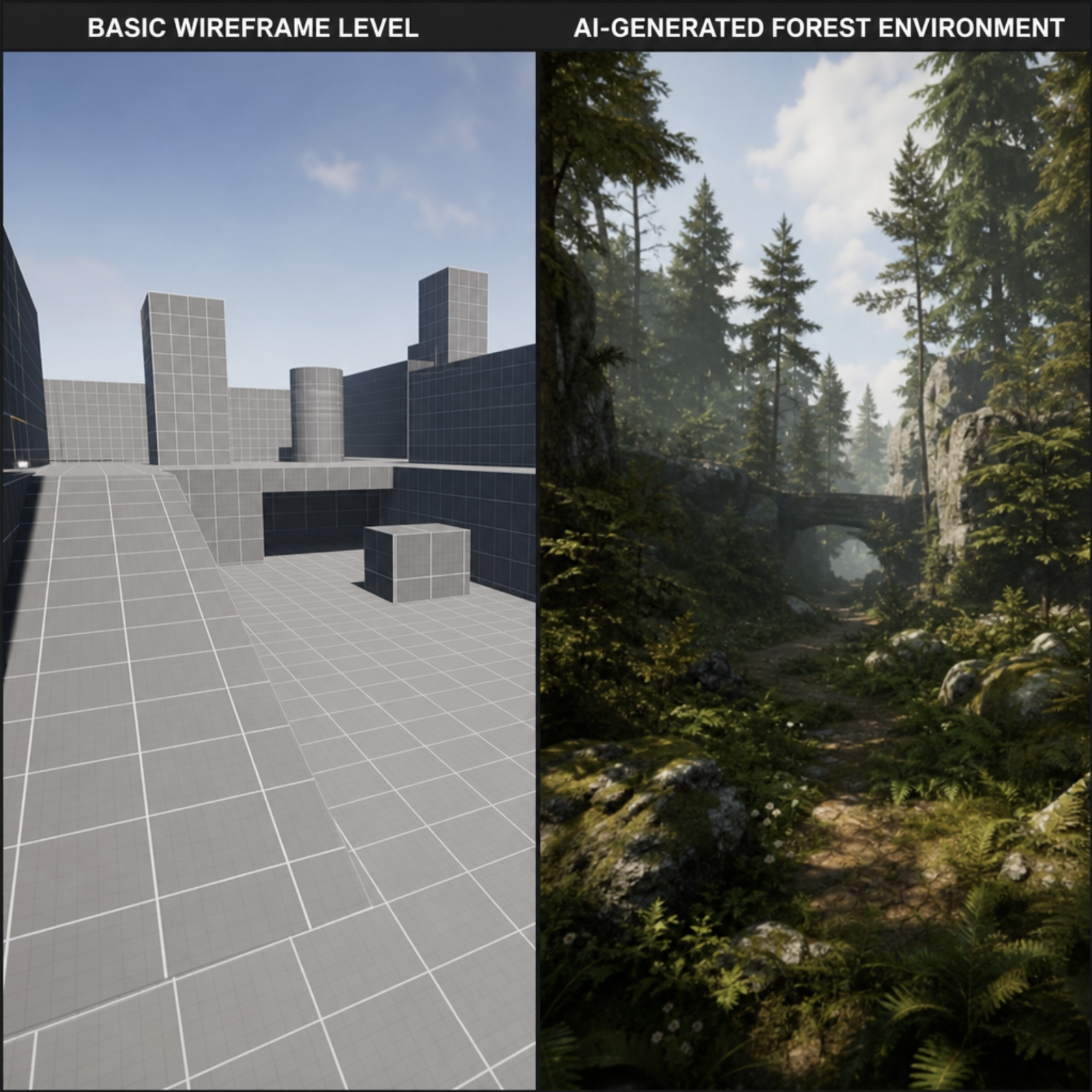 A side-by-side comparison showing a basic wireframe level and a lush, AI-generated procedurally built forest environment