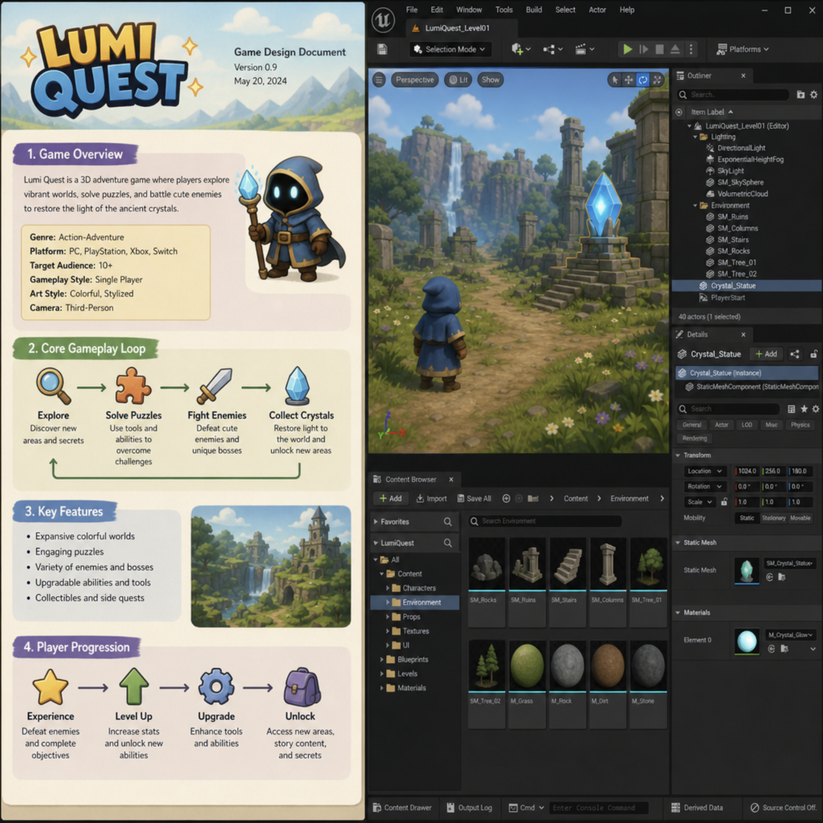 A split screen showing a colorful game design document on one side and a modern 3D game engine interface on the other in English