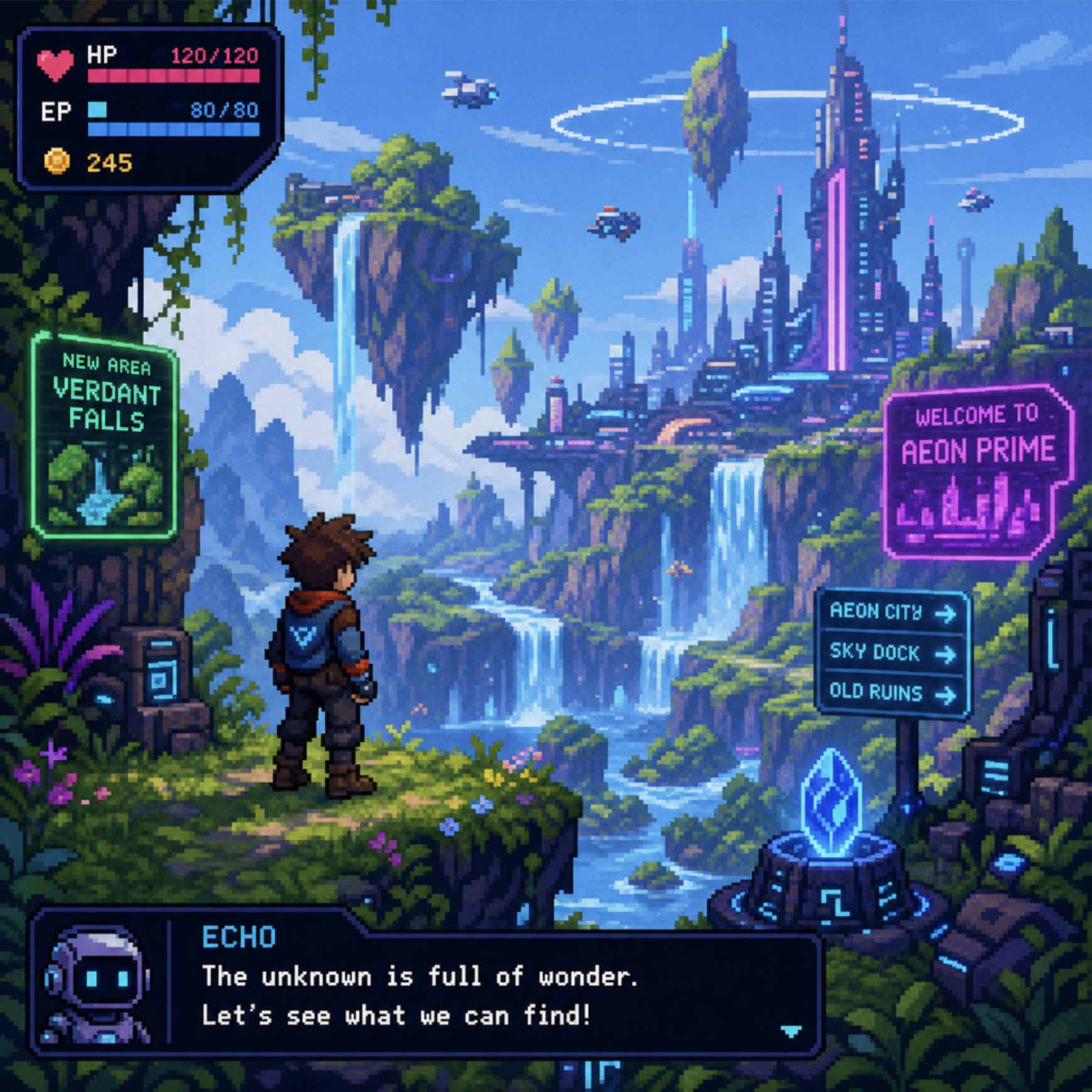 A colorful 2D pixel art landscape with glowing futuristic elements and a character exploring in English