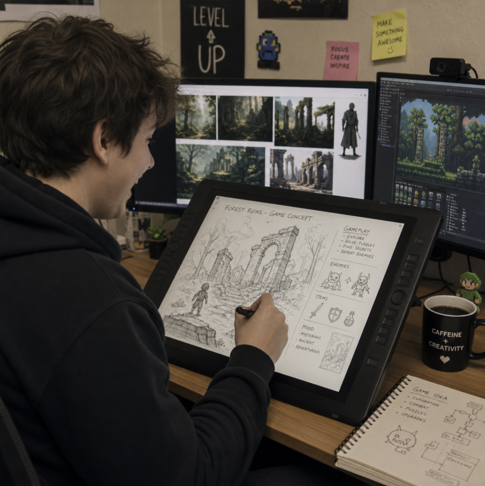 A person sitting at a computer desk enthusiastically sketching out a game concept on a digital tablet