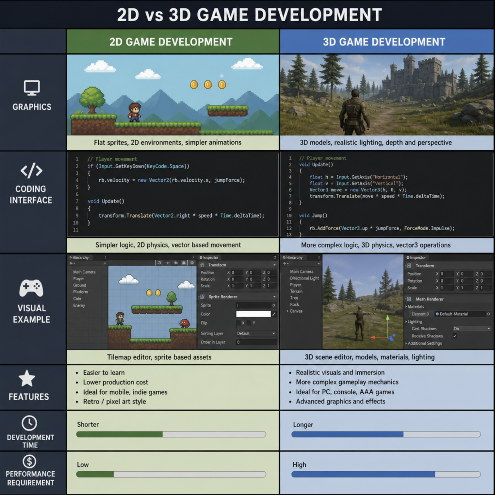 A comparison chart showing 2D vs 3D game development graphics and coding interfaces