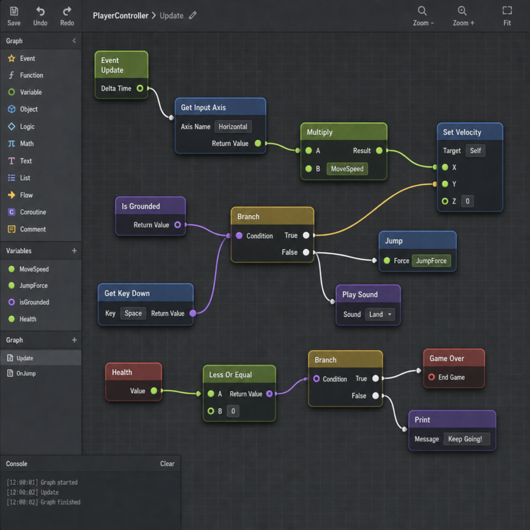 A visual scripting interface showing colorful nodes connected by curved lines