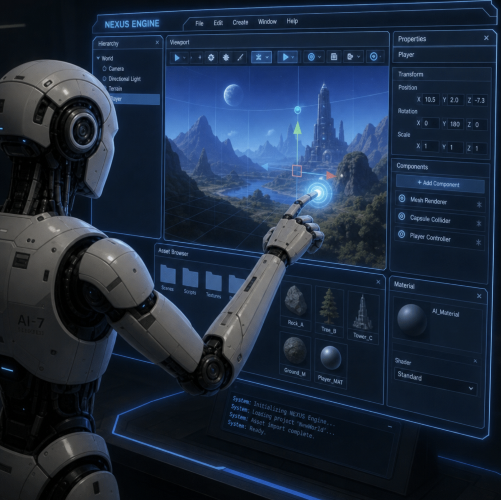 A futuristic AI robot interacting with a glowing digital game engine interface