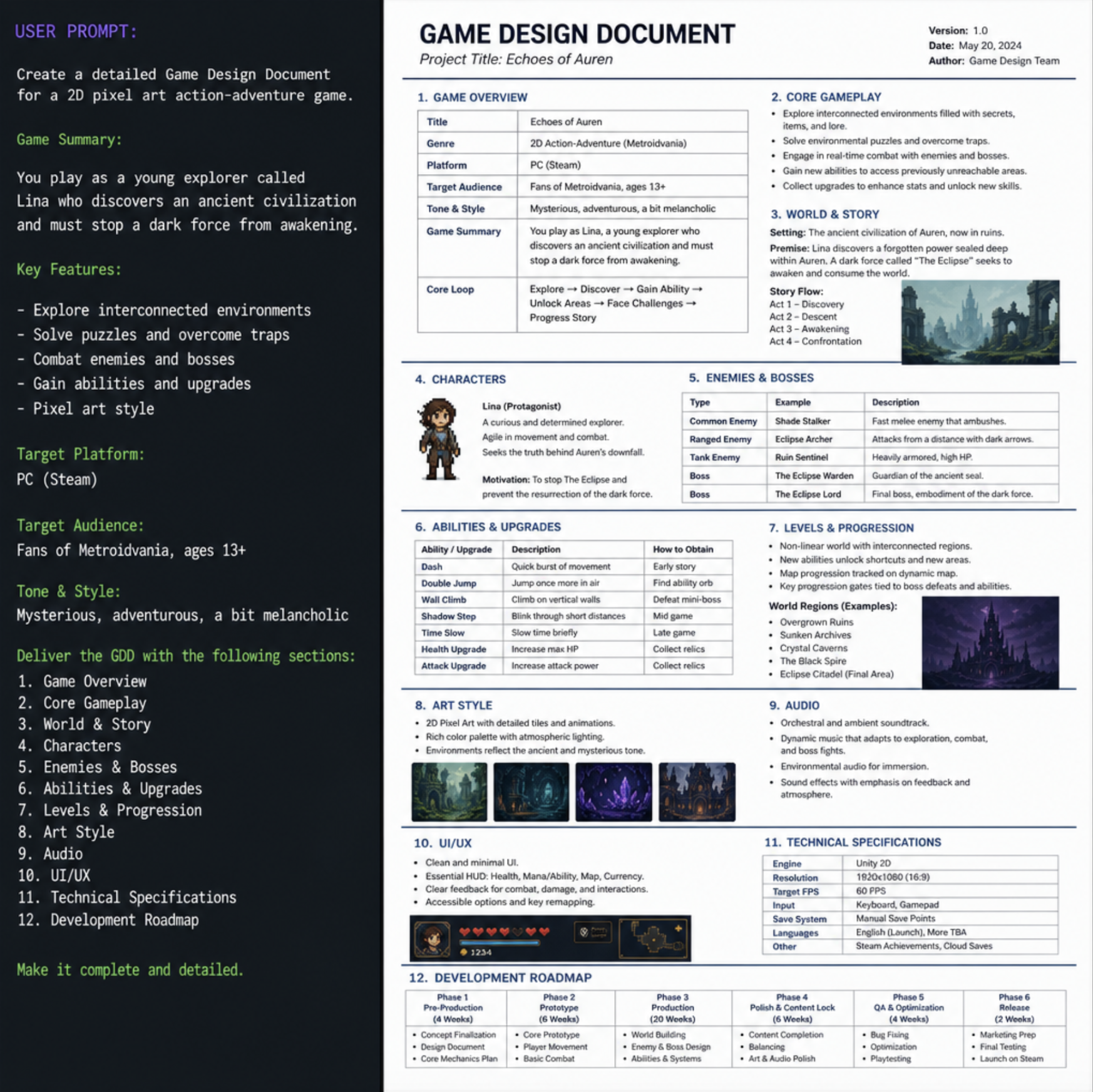 A split screen showing a text prompt on the left and a detailed Game Design Document on the right