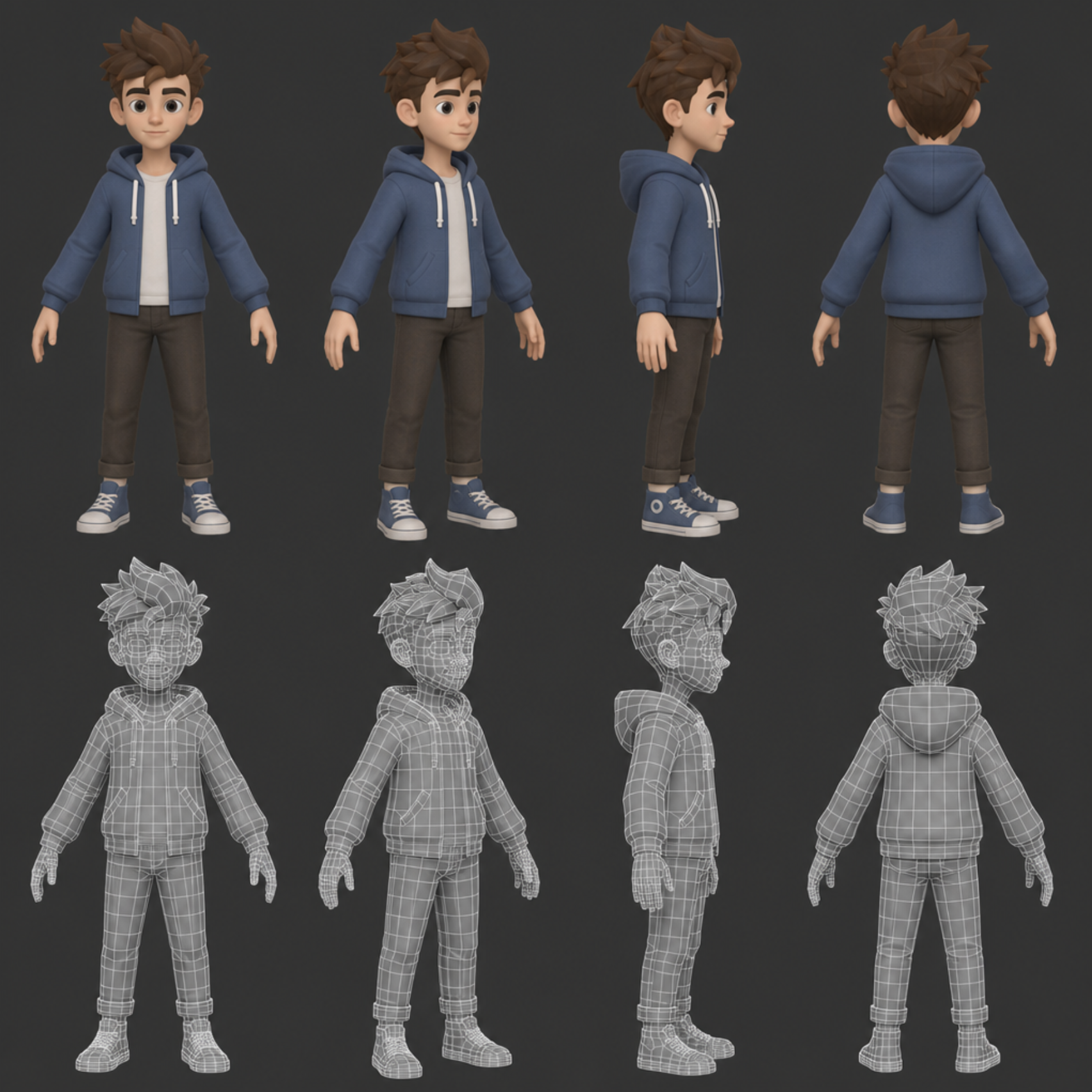 A 3D character model alongside wireframes generated by an AI application