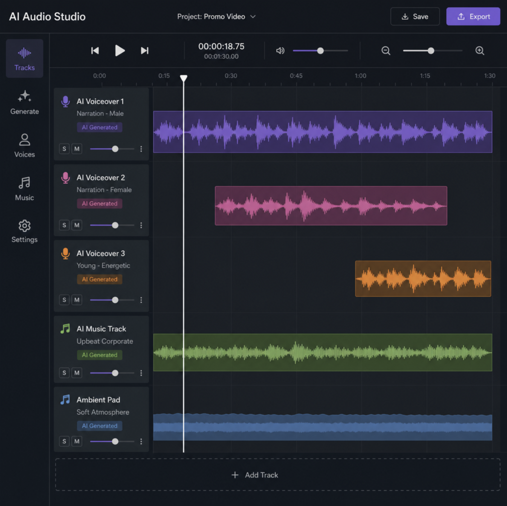 An audio waveform interface showing AI generated voiceovers and music tracks