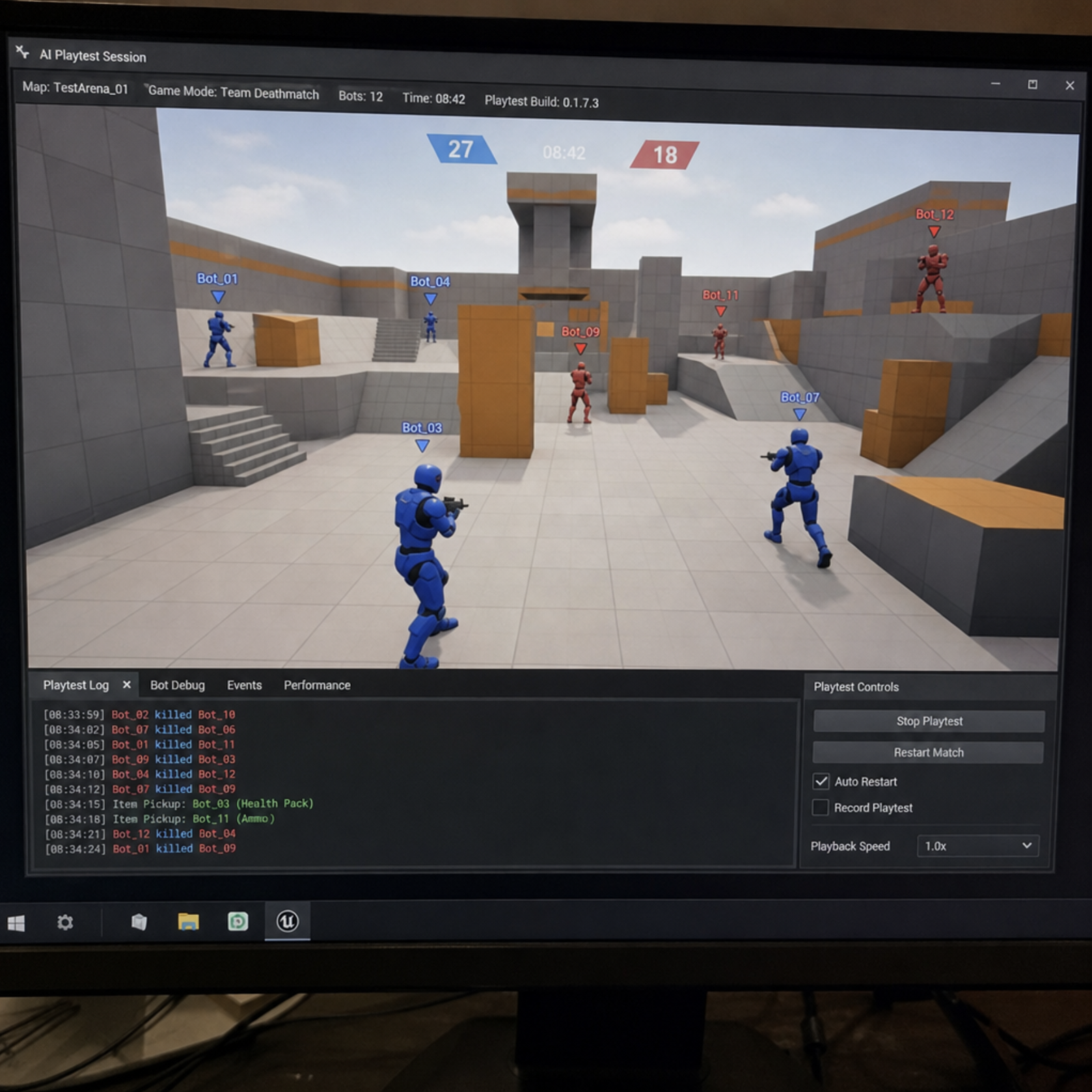 A computer screen displaying a game environment being playtested by automated AI bots