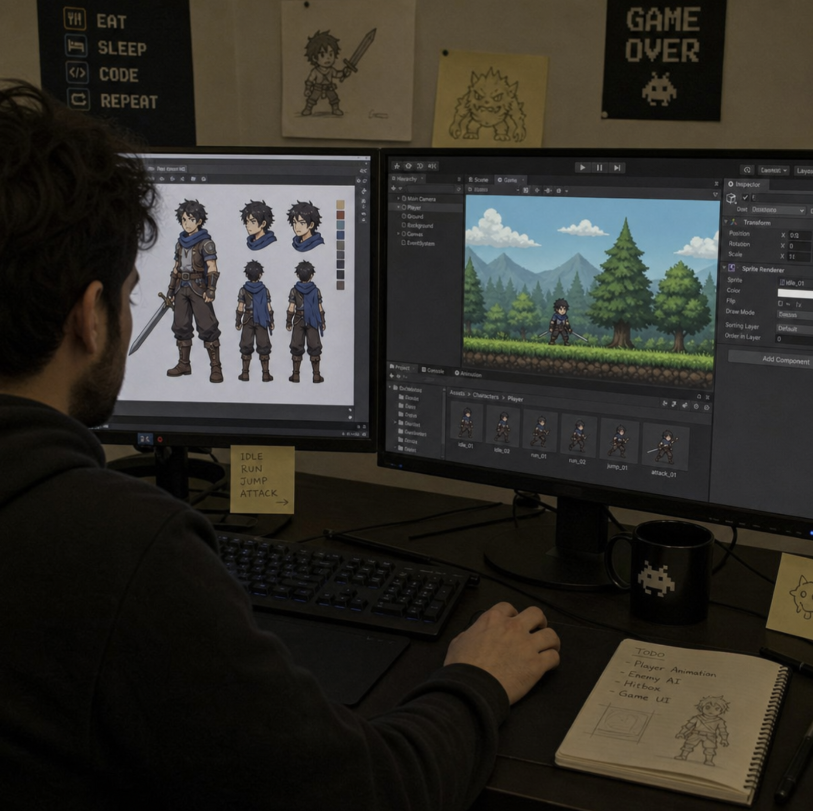 A game developer working on a dual-monitor setup, transferring AI-generated character art into a 2D game engine