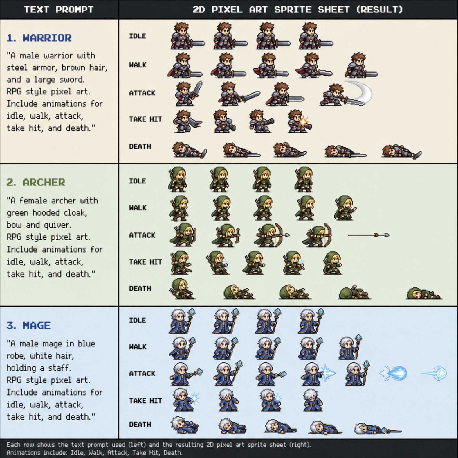 A comparison of text prompts and the resulting 2D pixel art sprite sheets showing different character classes