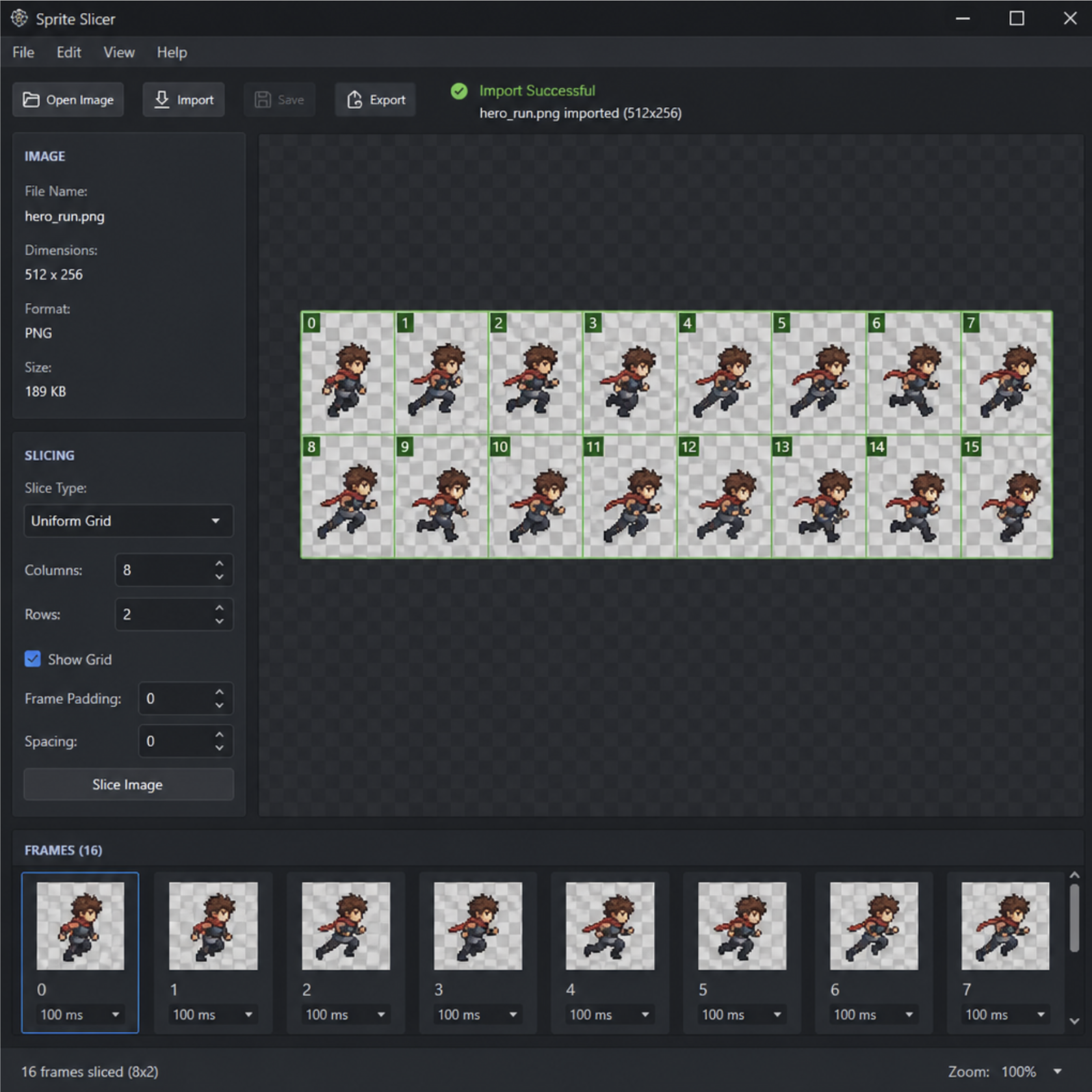 A software interface showing a successfully imported PNG sprite sheet being sliced into individual animation frames