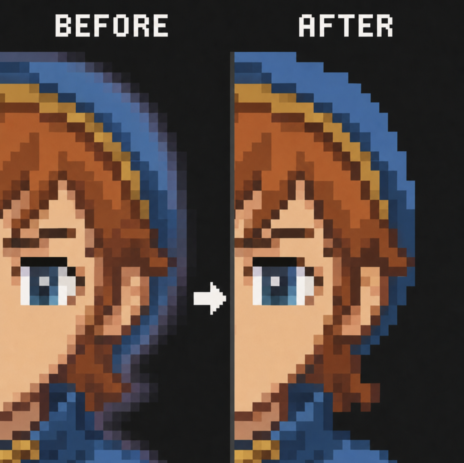 A zoomed-in view of a pixel art character showing before and after the removal of jagged, semi-transparent edge pixels