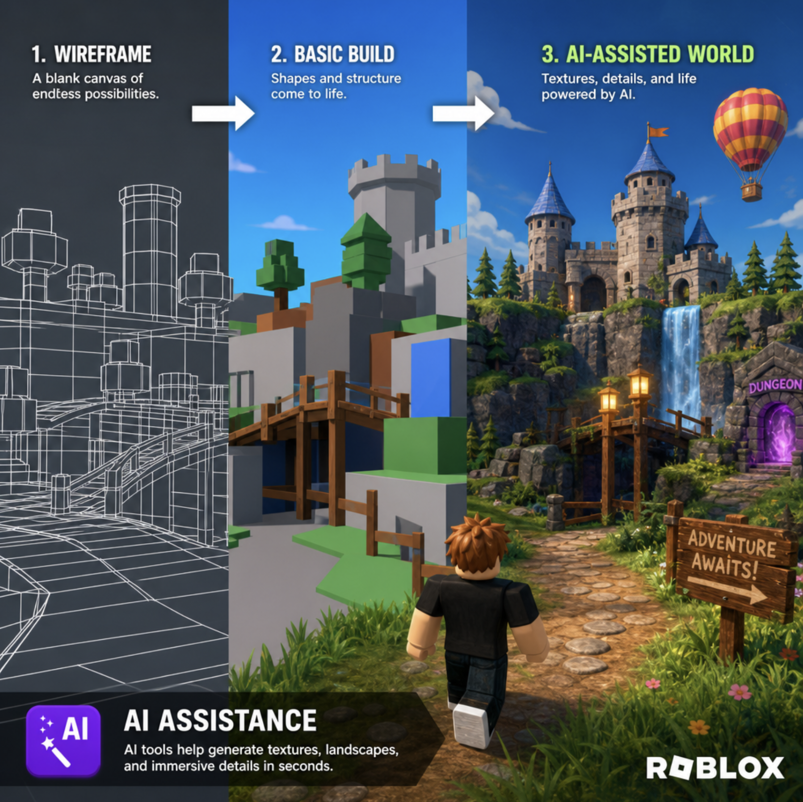 A vibrant Roblox game environment showing the transition from a basic wireframe to a fully textured, AI-assisted 3D world