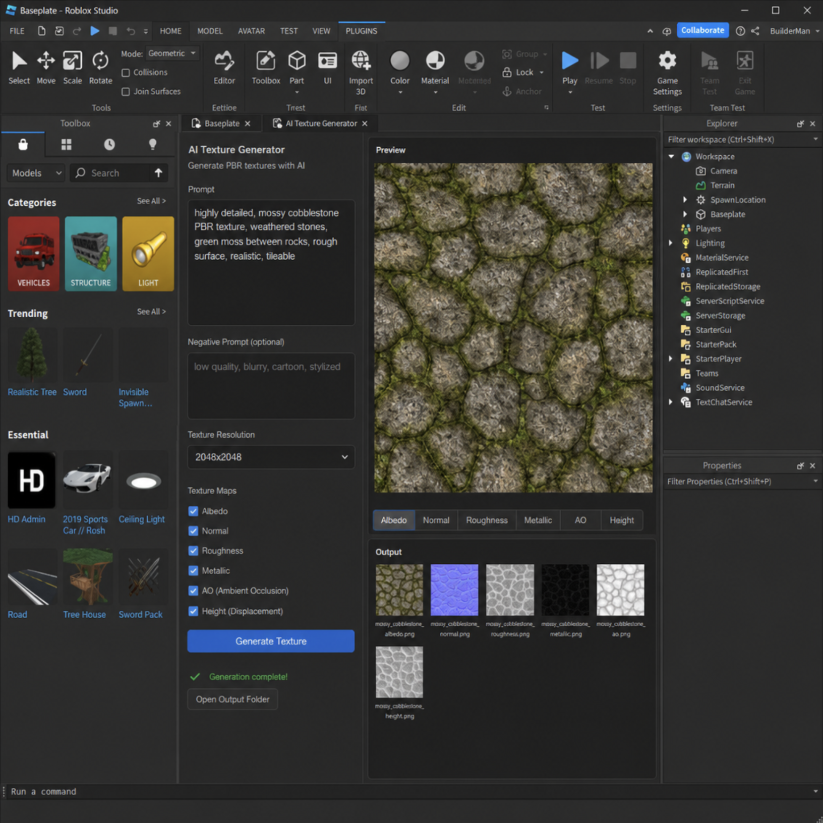 A user interface in Roblox Studio showing a text prompt generating a highly detailed, mossy cobblestone PBR texture