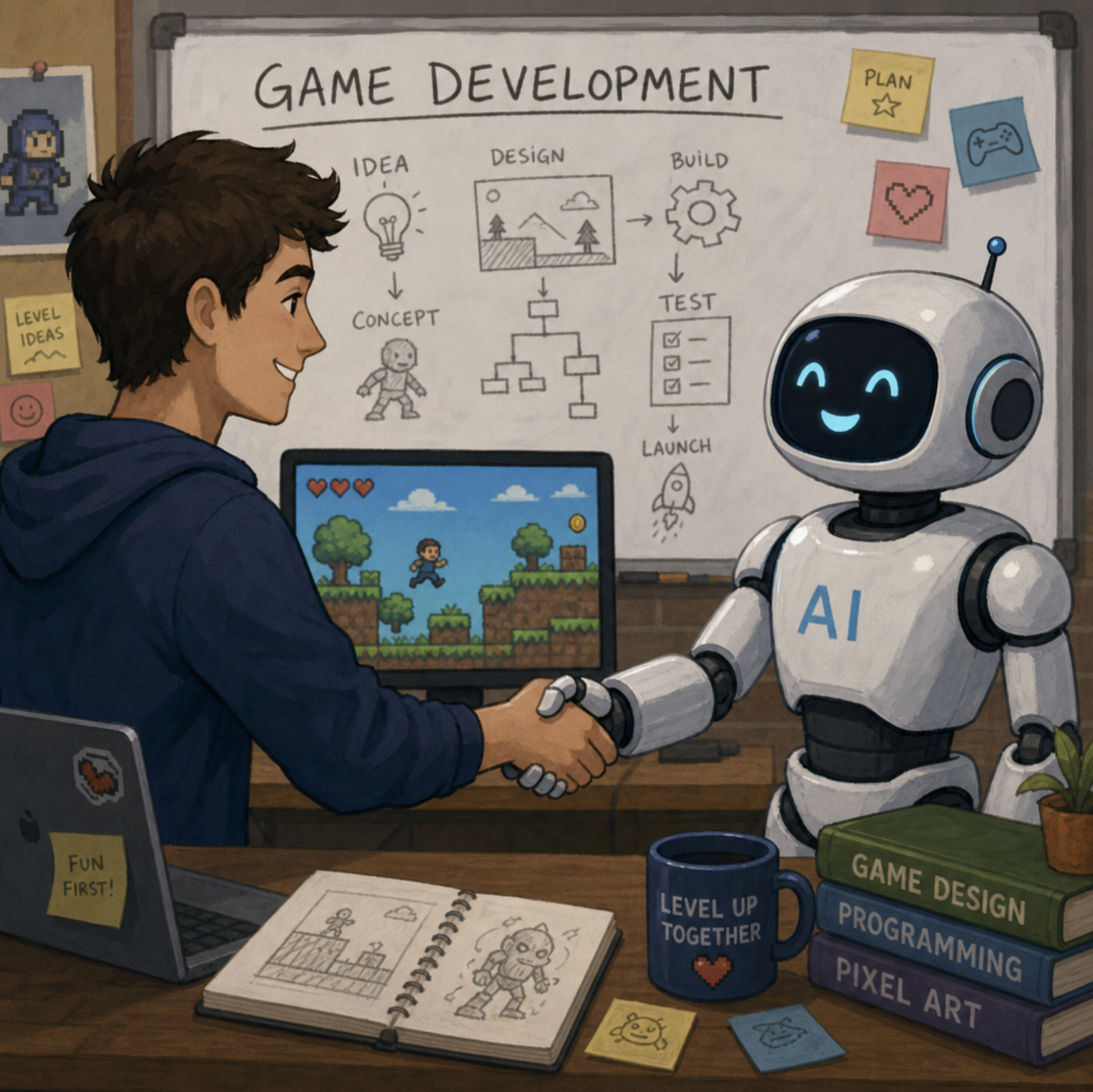 A conceptual illustration showing a human creator shaking hands with a friendly AI robot, symbolizing collaborative game development